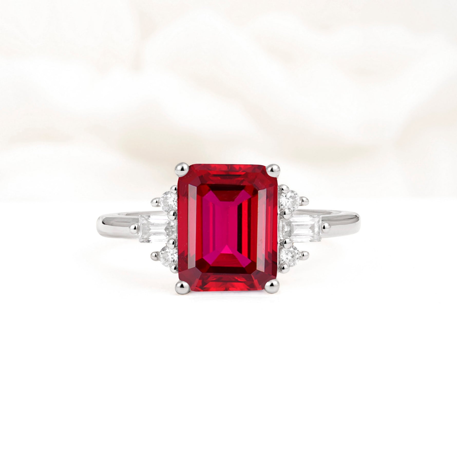 Classic Emerald Cut Baguette Side Cluster Ruby Engagement Ring - Additional view