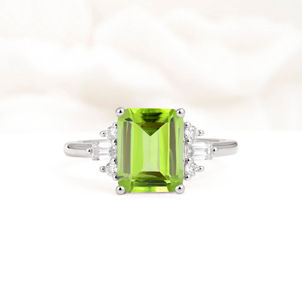 Classic Emerald Cut Baguette Side Cluster Peridot Engagement Ring - Additional view