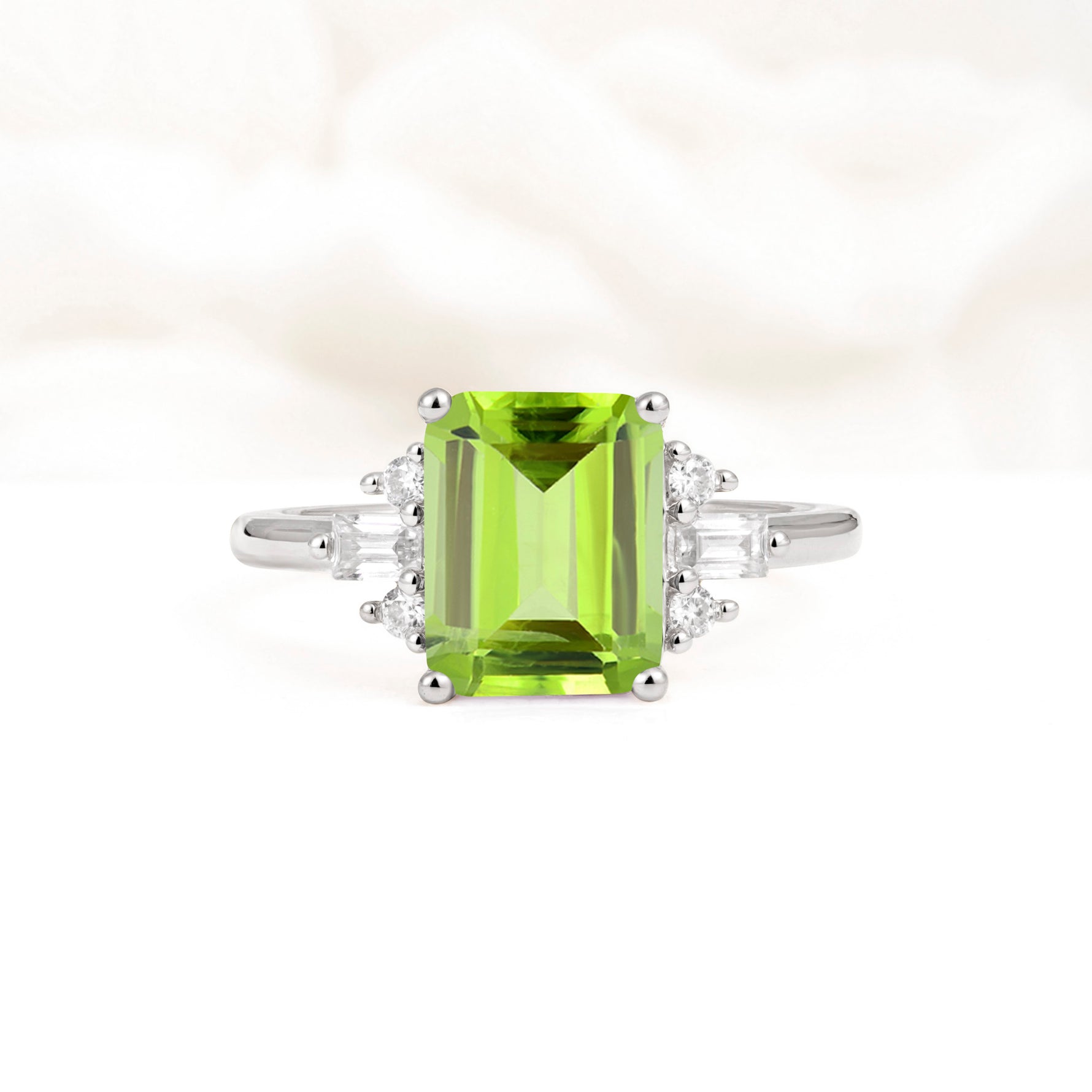 Classic Emerald Cut Baguette Side Cluster Peridot Engagement Ring - Additional view