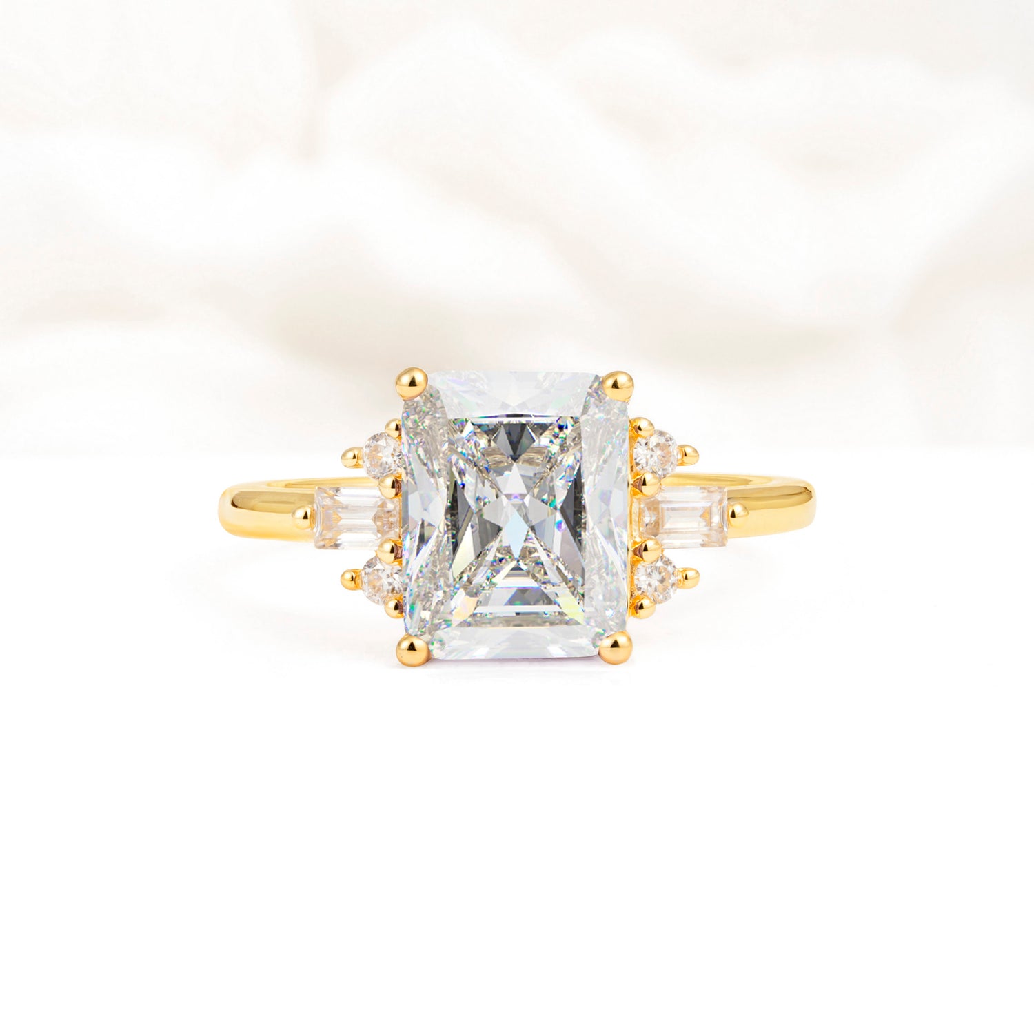 Classic Emerald Cut Baguette Side Cluster Moissanite Engagement Ring - Additional view
