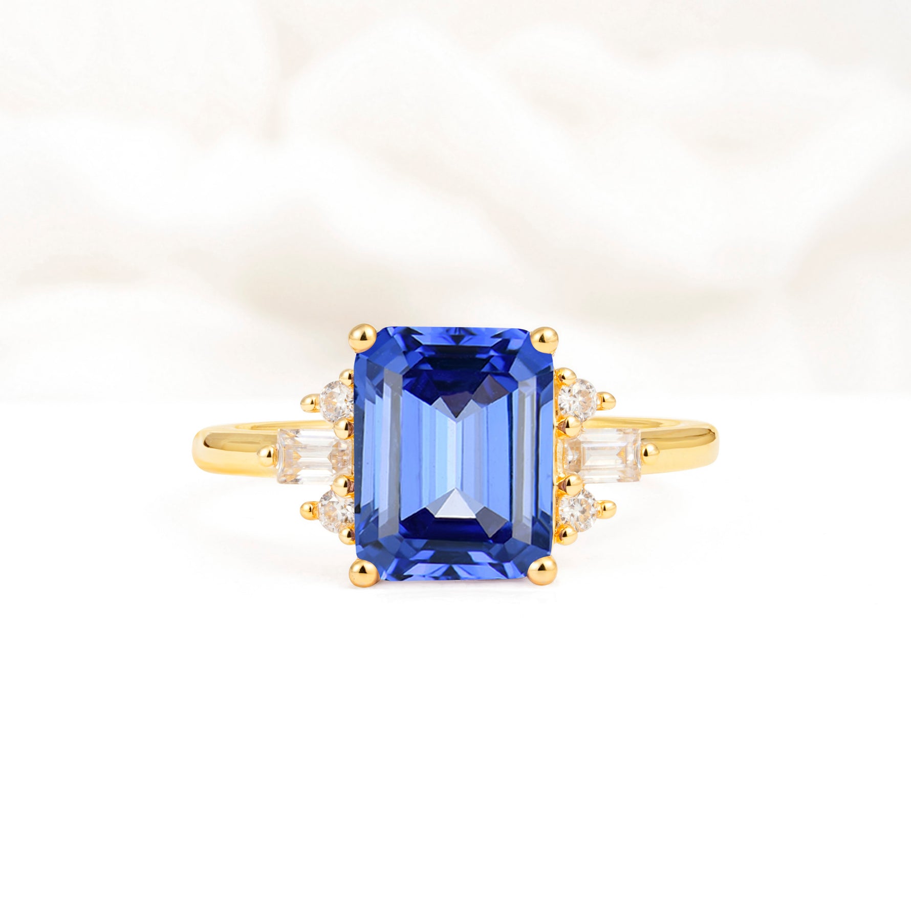 Classic Emerald Cut Baguette Side Cluster Sapphire Engagement Ring - Additional view