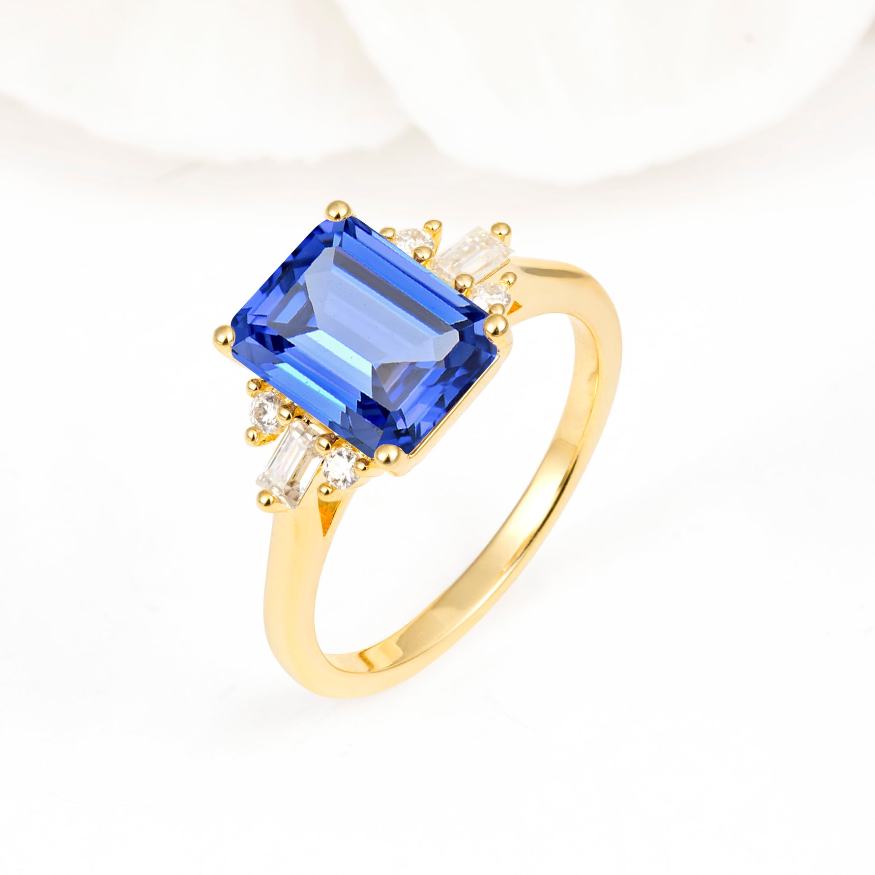 Classic Emerald Cut Baguette Side Cluster Sapphire Engagement Ring - Additional view