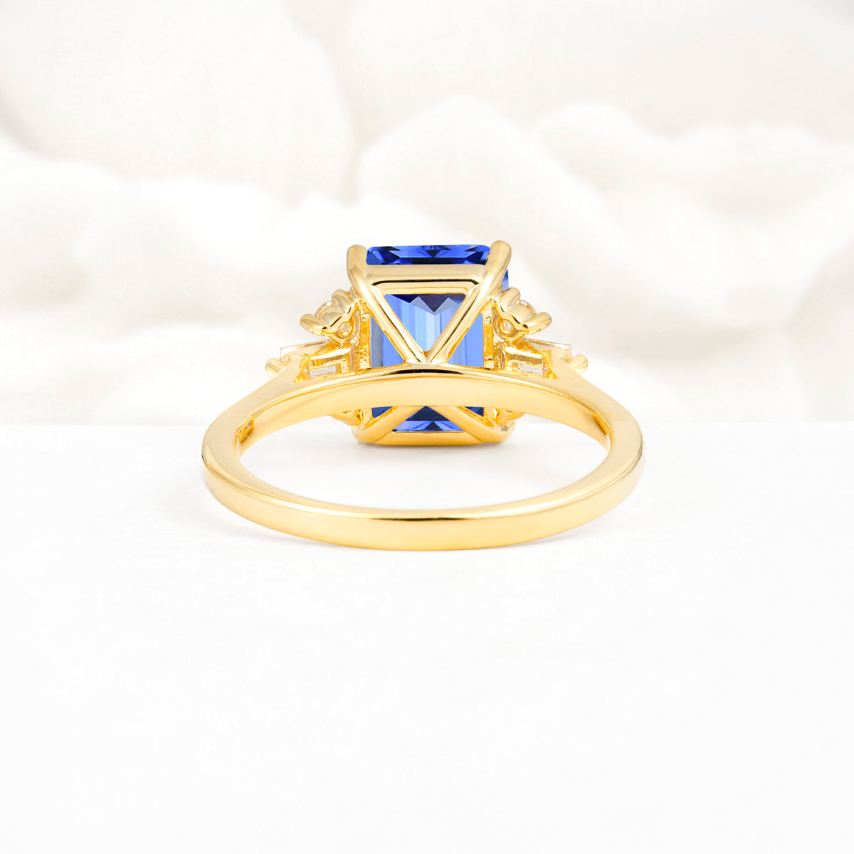 Classic Emerald Cut Baguette Side Cluster Sapphire Engagement Ring - Additional view