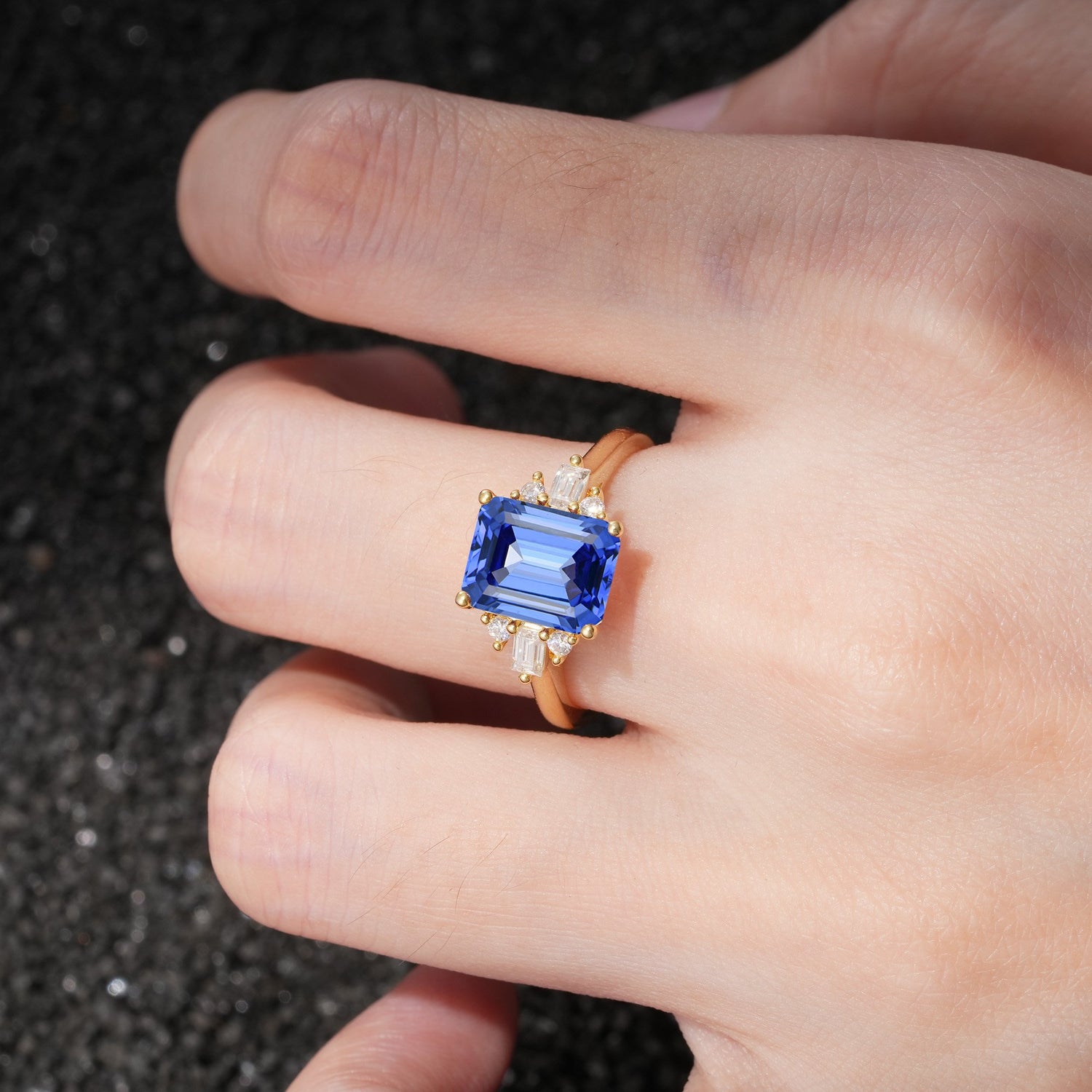 Classic Emerald Cut Baguette Side Cluster Sapphire Engagement Ring