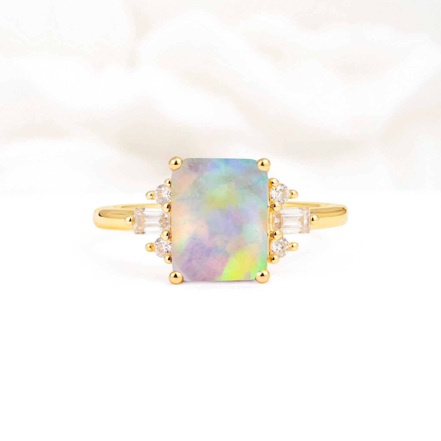 Classic Emerald Cut Baguette Side Cluster Fire Opal Engagement Ring - Additional view