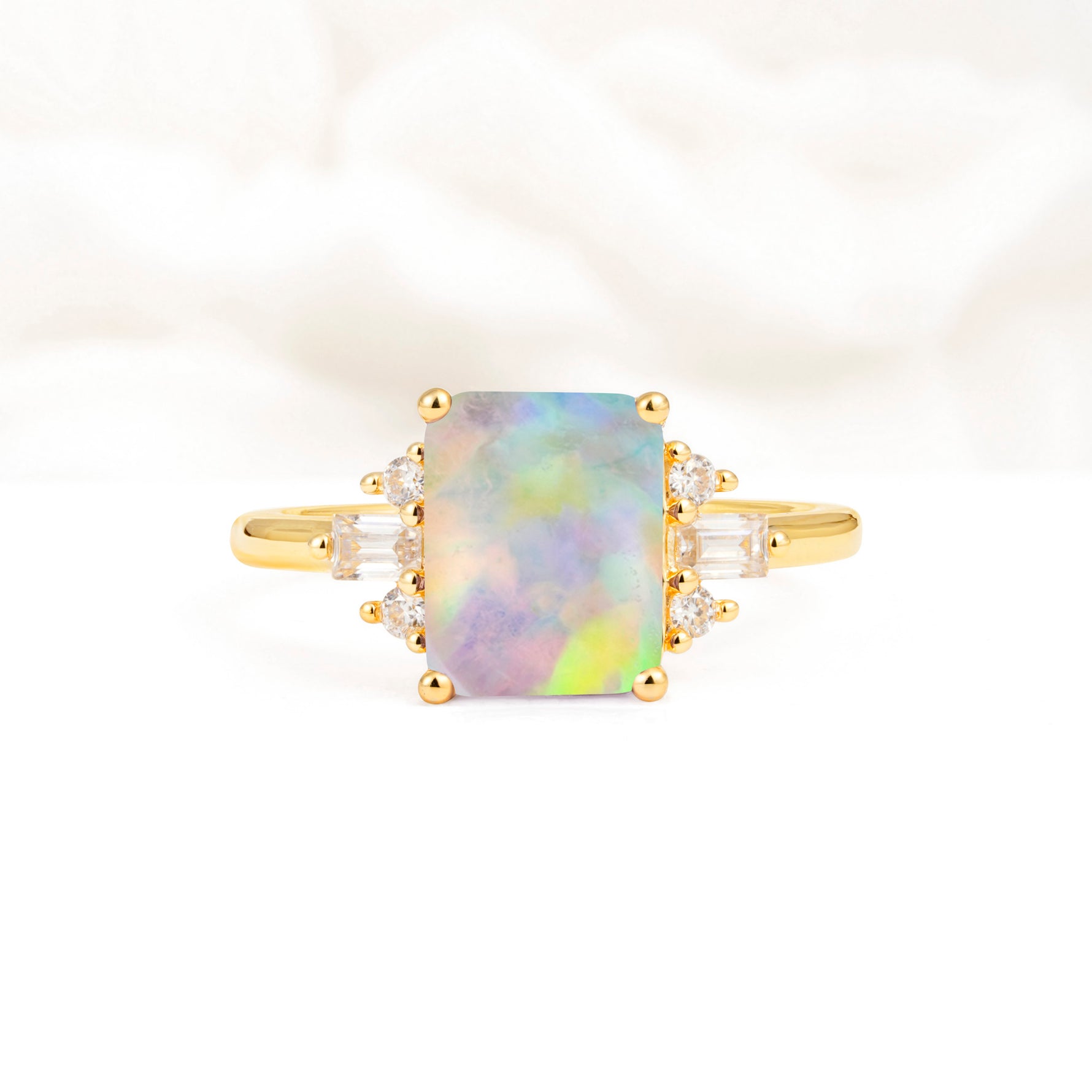 Classic Emerald Cut Baguette Side Cluster Fire Opal Engagement Ring - Additional view