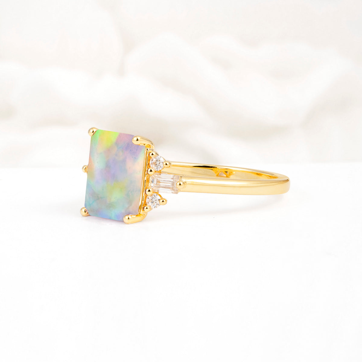 Classic Emerald Cut Baguette Side Cluster Fire Opal Engagement Ring - Additional view