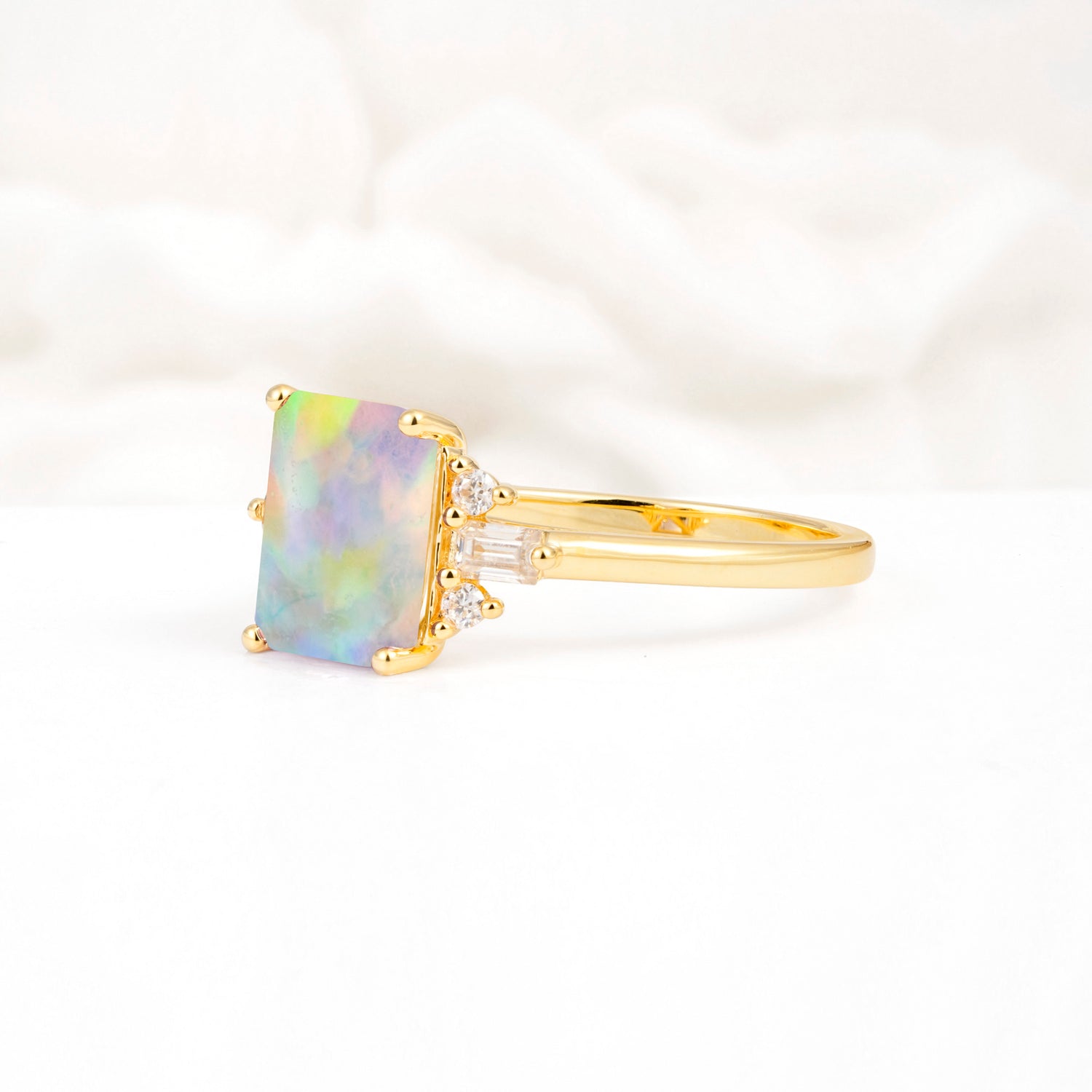 Classic Emerald Cut Baguette Side Cluster Fire Opal Engagement Ring - Additional view