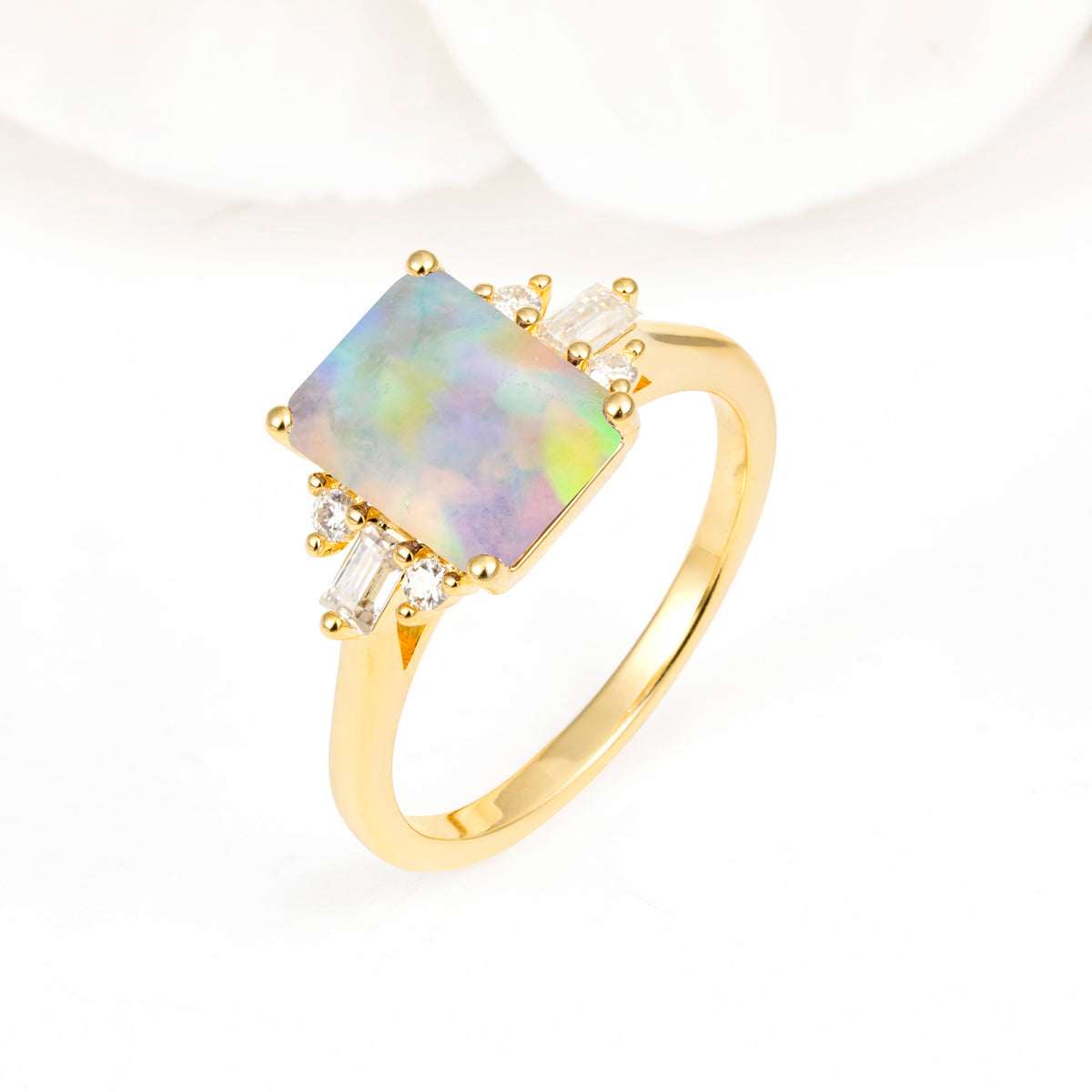 Classic Emerald Cut Baguette Side Cluster Fire Opal Engagement Ring - Additional view