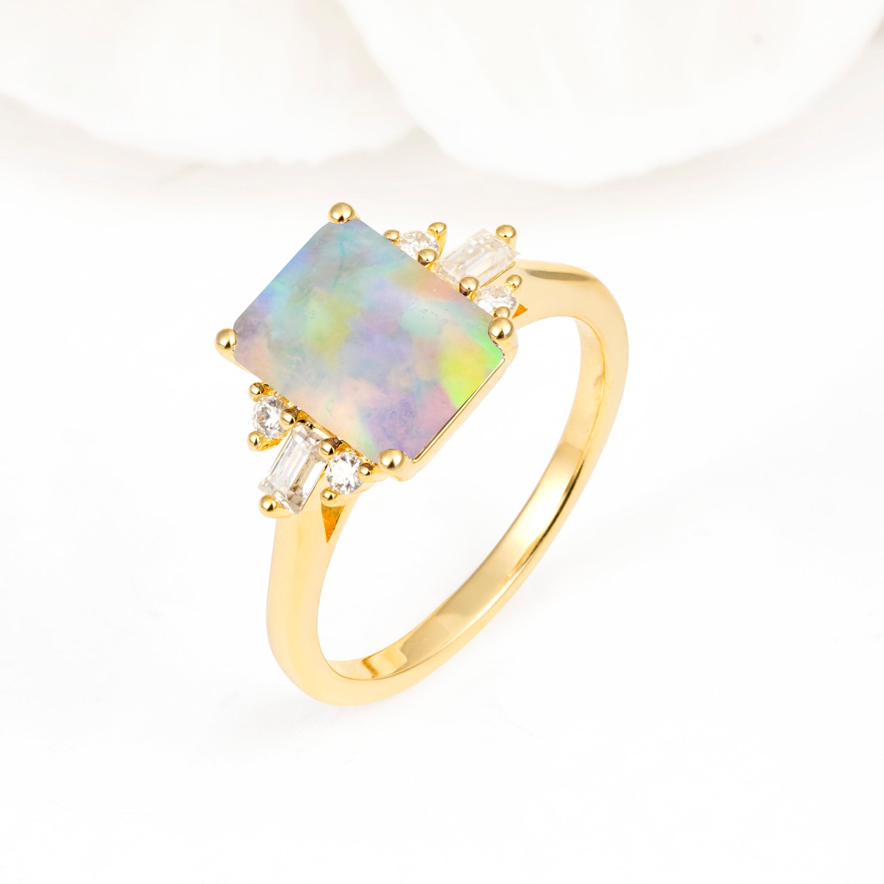 Classic Emerald Cut Baguette Side Cluster Fire Opal Engagement Ring - Additional view