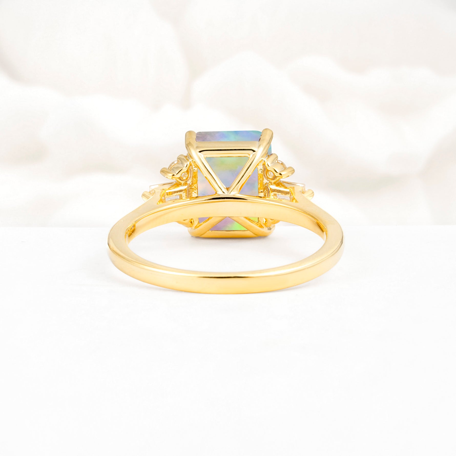 Classic Emerald Cut Baguette Side Cluster Fire Opal Engagement Ring - Additional view