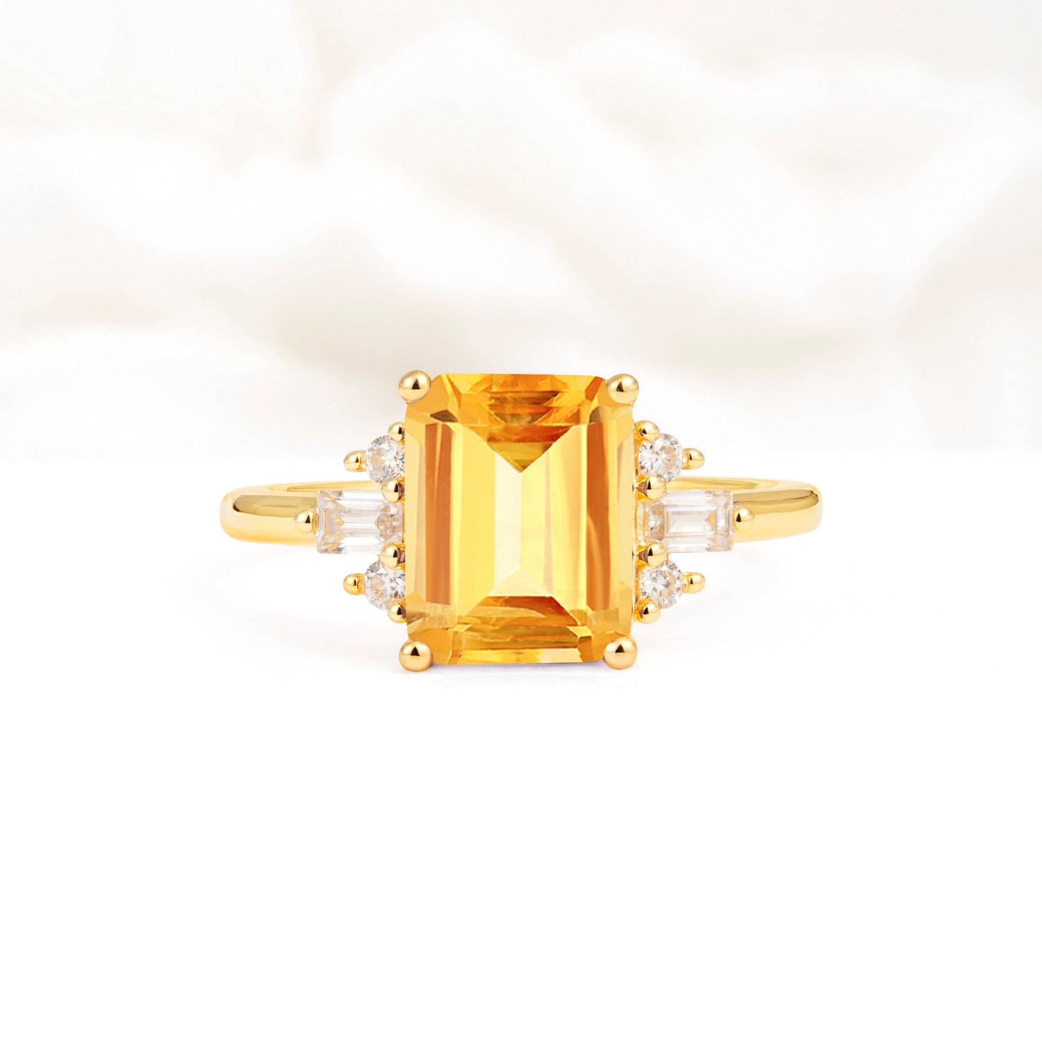 Classic Emerald Cut Baguette Side Cluster Citrine Engagement Ring - Additional view