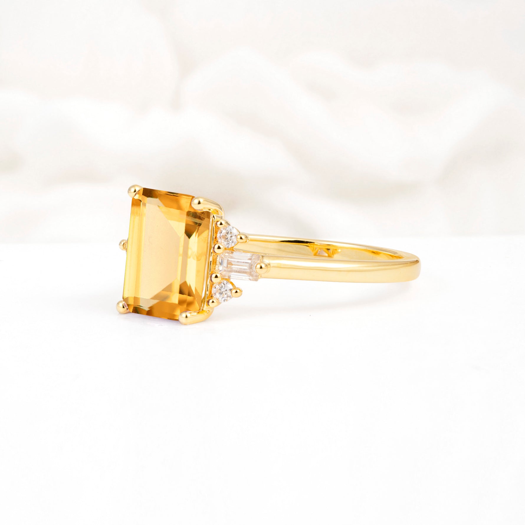 Classic Emerald Cut Baguette Side Cluster Citrine Engagement Ring - Additional view