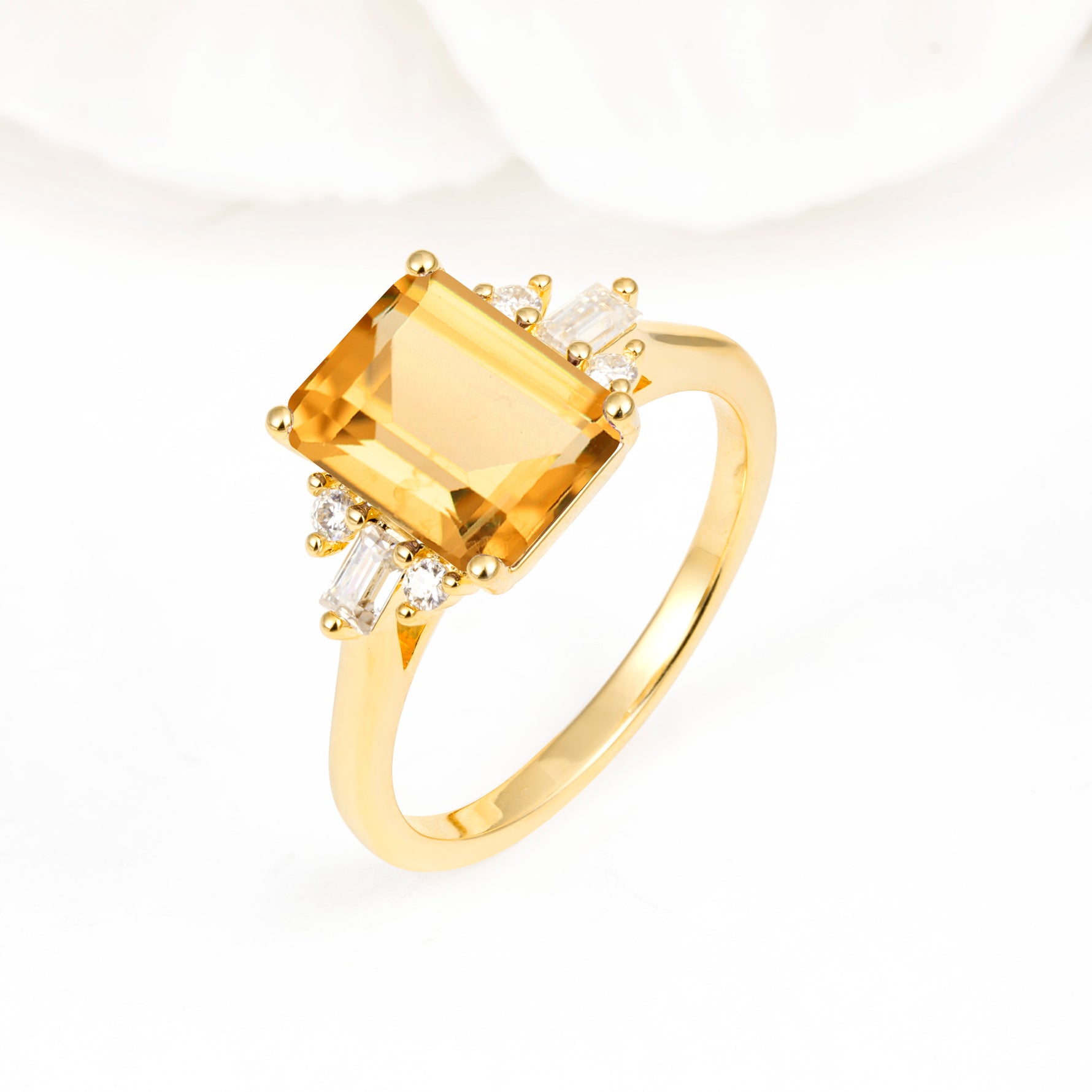 Classic Emerald Cut Baguette Side Cluster Citrine Engagement Ring - Additional view