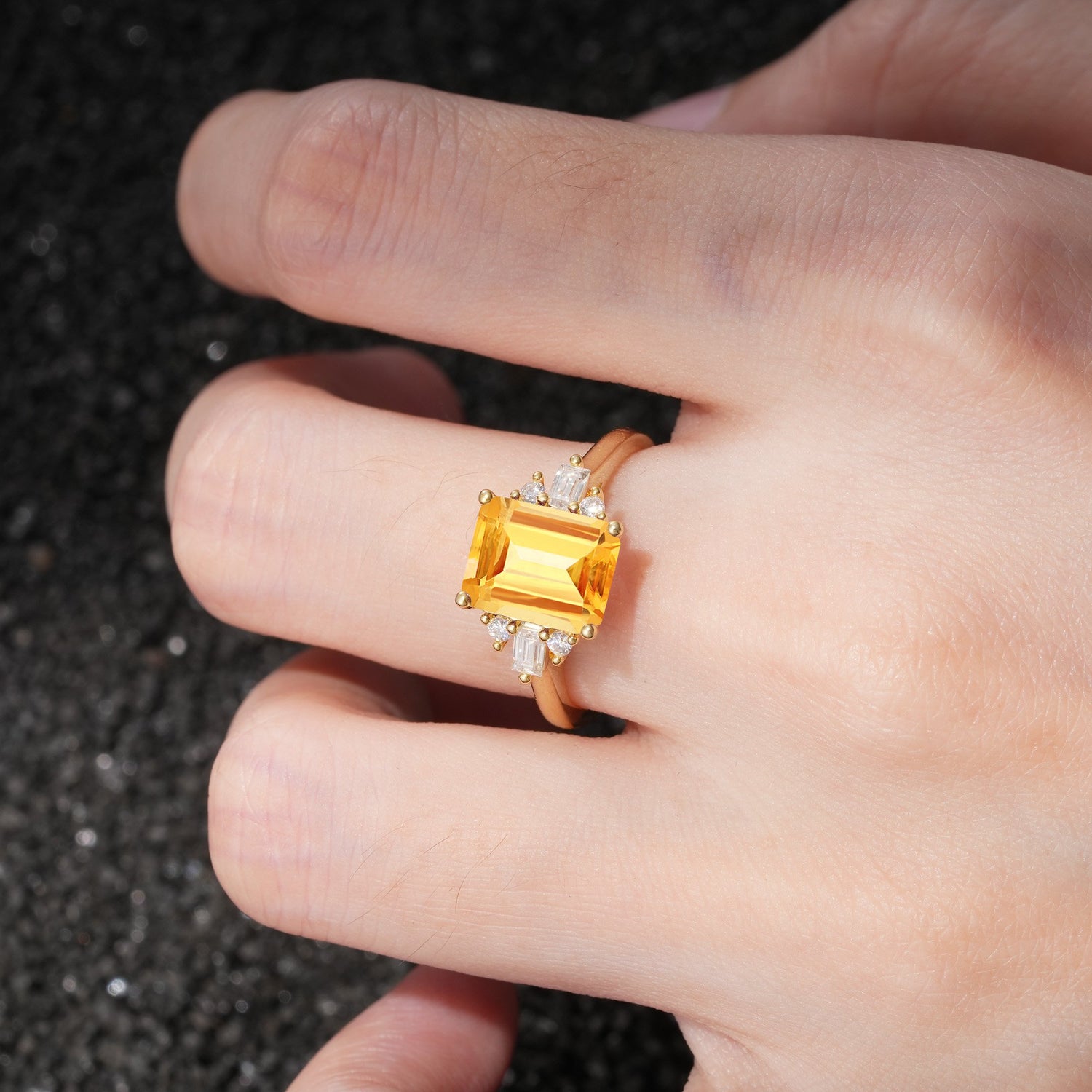 Classic Emerald Cut Baguette Side Cluster Citrine Engagement Ring