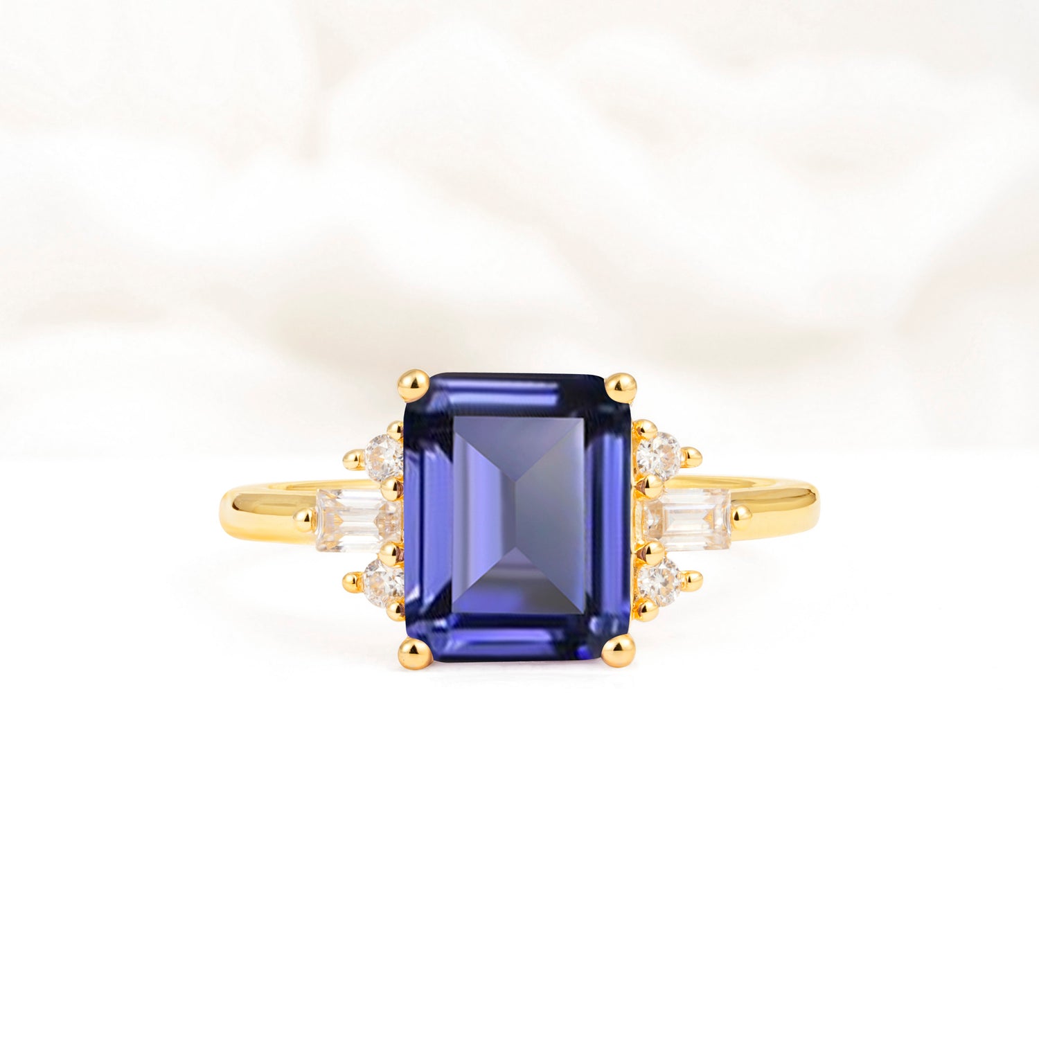Classic Emerald Cut Baguette Side Cluster Tanzanite Engagement Ring - Additional view