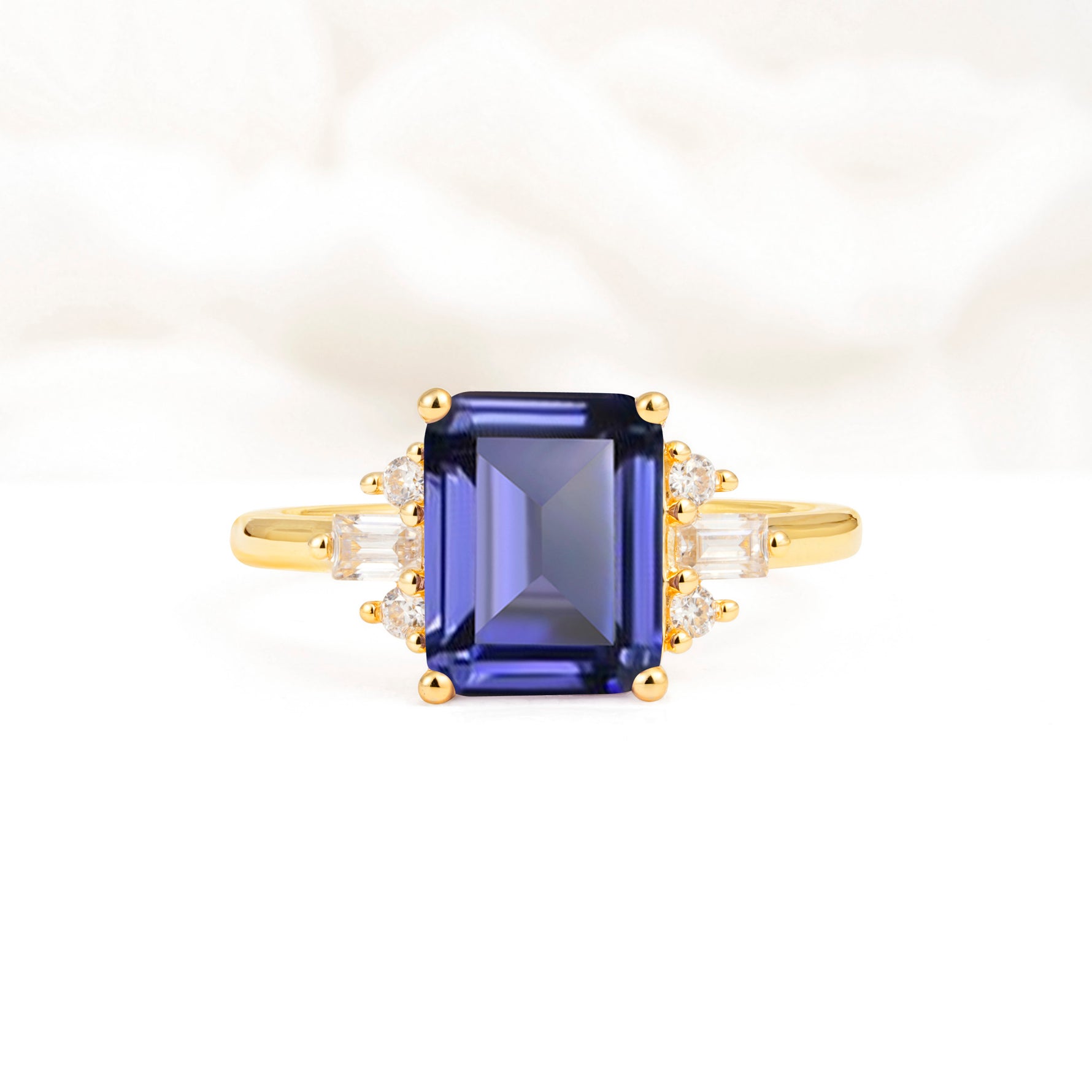 Classic Emerald Cut Baguette Side Cluster Tanzanite Engagement Ring - Additional view