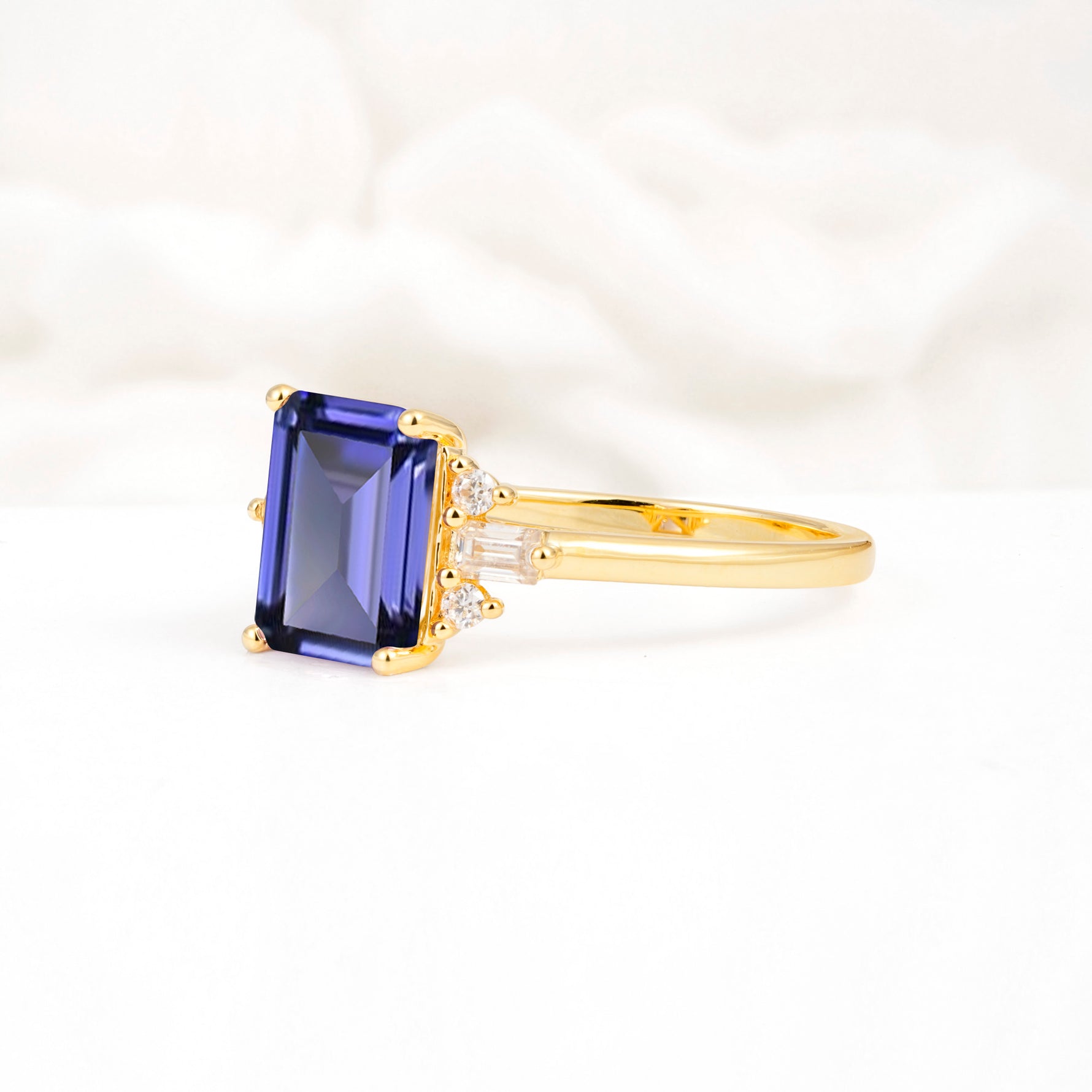 Classic Emerald Cut Baguette Side Cluster Tanzanite Engagement Ring - Additional view