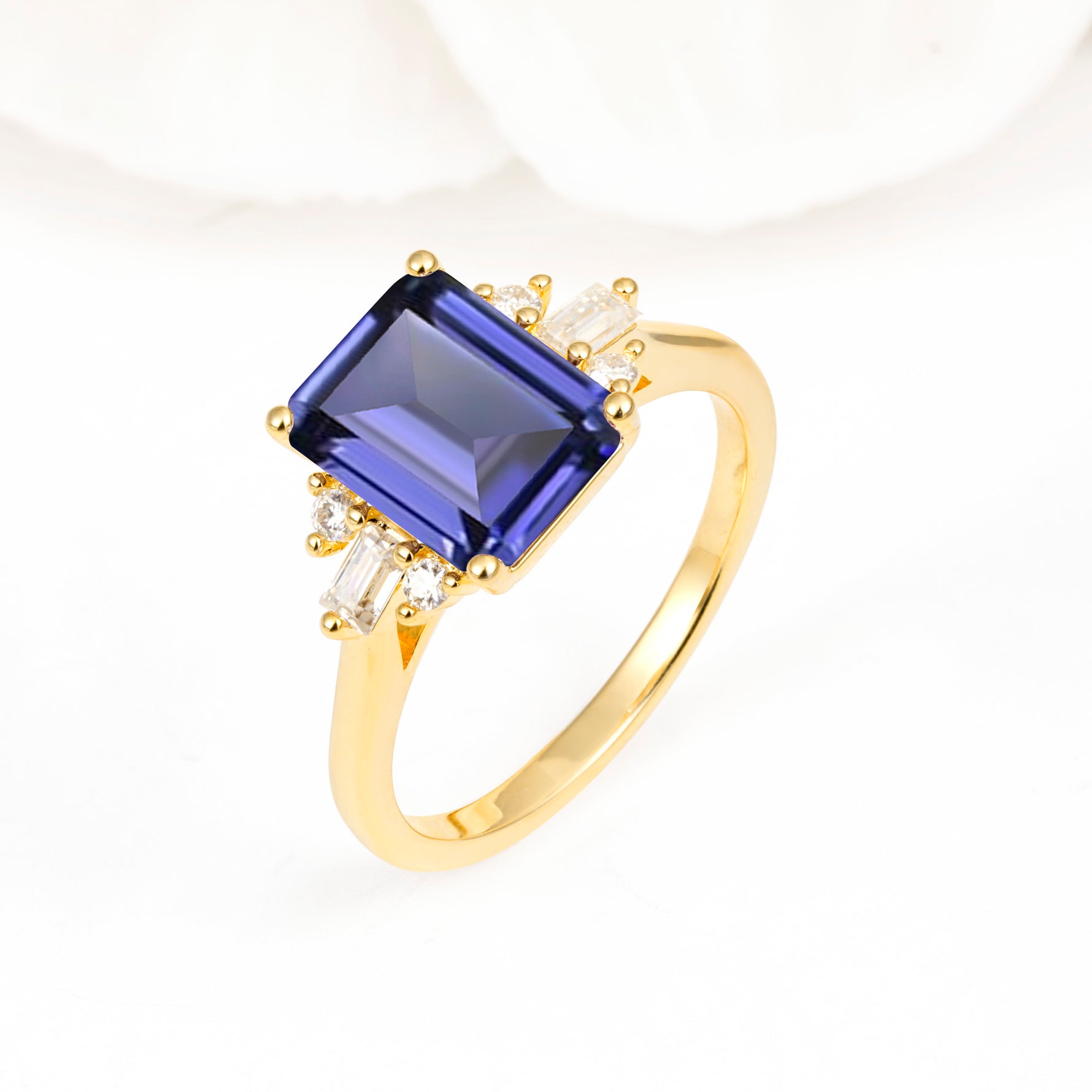 Classic Emerald Cut Baguette Side Cluster Tanzanite Engagement Ring - Additional view