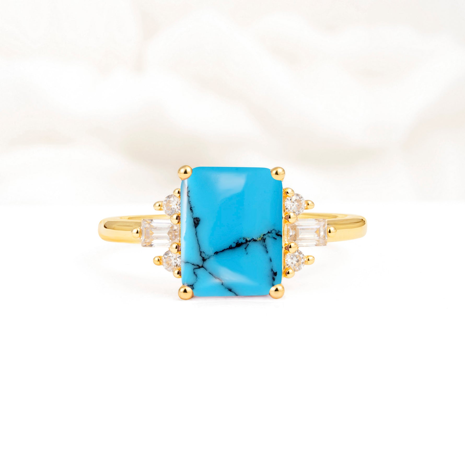 Classic Emerald Cut Baguette Side Cluster Turquoise Engagement Ring - Additional view