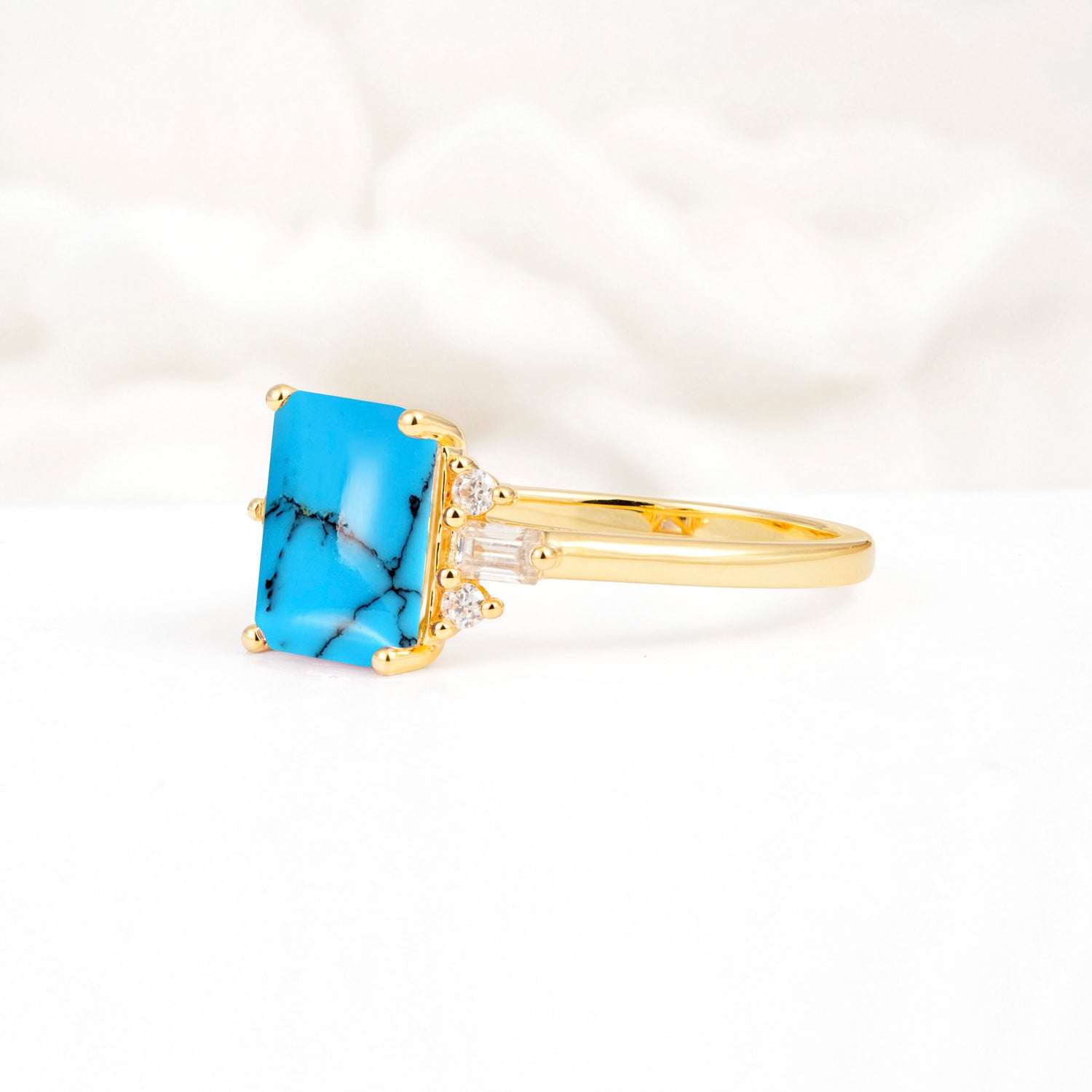 Classic Emerald Cut Baguette Side Cluster Turquoise Engagement Ring - Additional view