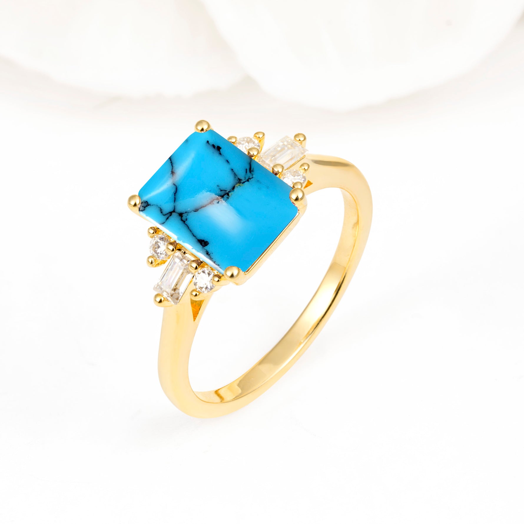 Classic Emerald Cut Baguette Side Cluster Turquoise Engagement Ring - Additional view