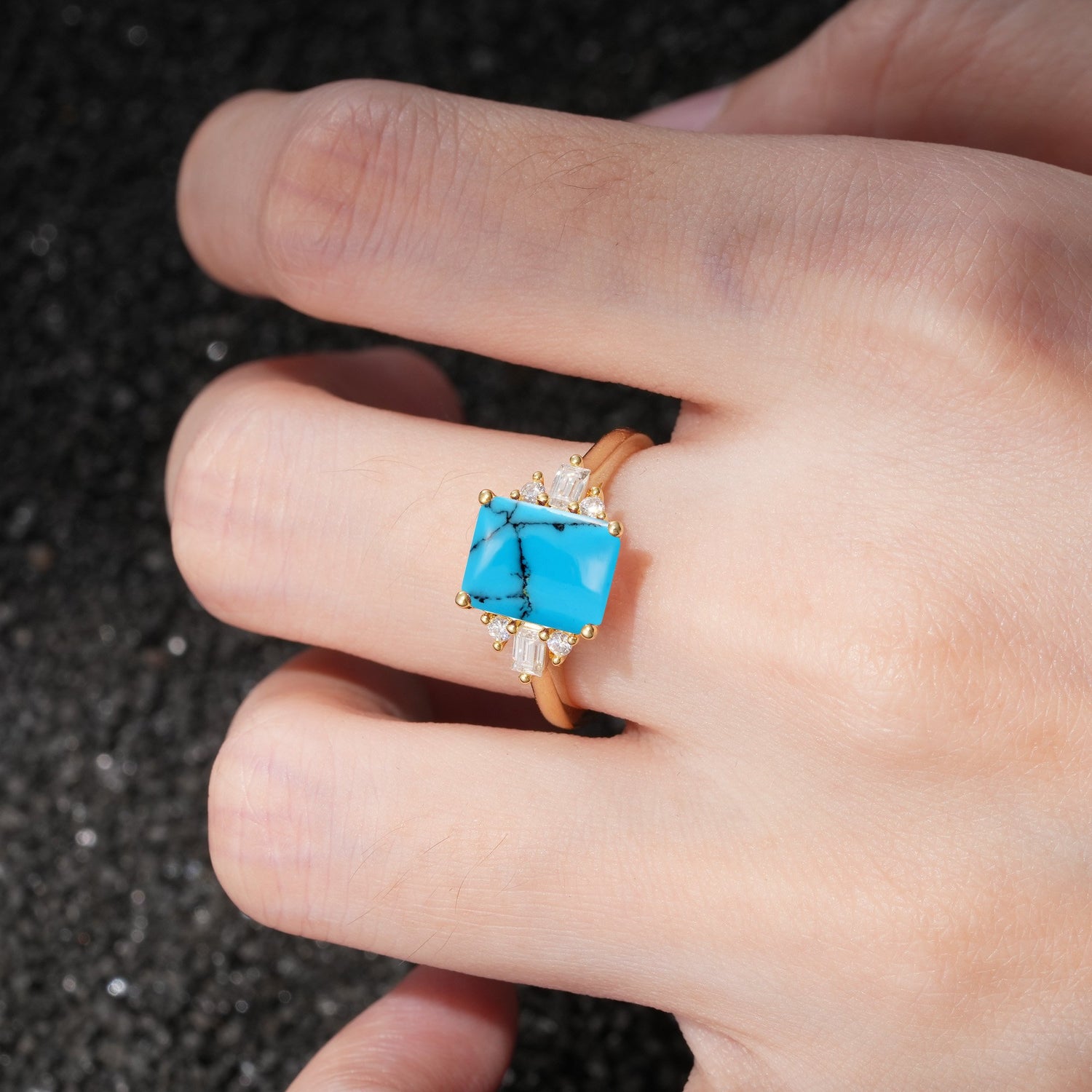 Classic Emerald Cut Baguette Side Cluster Turquoise Engagement Ring