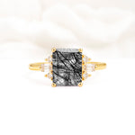 Classic Emerald Cut Baguette Side Cluster Black Rutilated Quartz Engagement Ring - Additional view