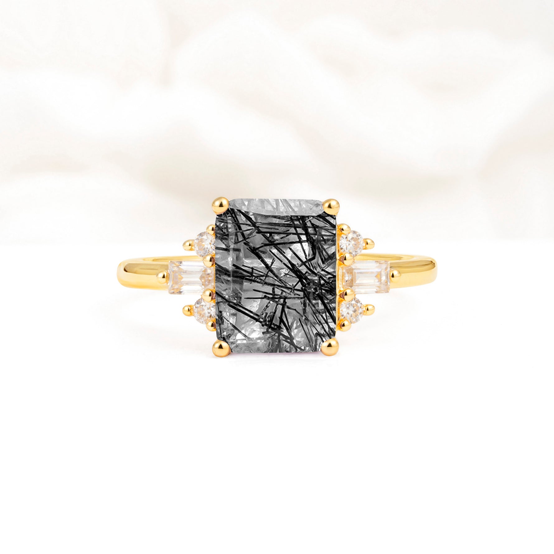 Classic Emerald Cut Baguette Side Cluster Black Rutilated Quartz Engagement Ring - Additional view