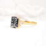 Classic Emerald Cut Baguette Side Cluster Black Rutilated Quartz Engagement Ring - Additional view