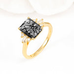 Classic Emerald Cut Baguette Side Cluster Black Rutilated Quartz Engagement Ring - Additional view