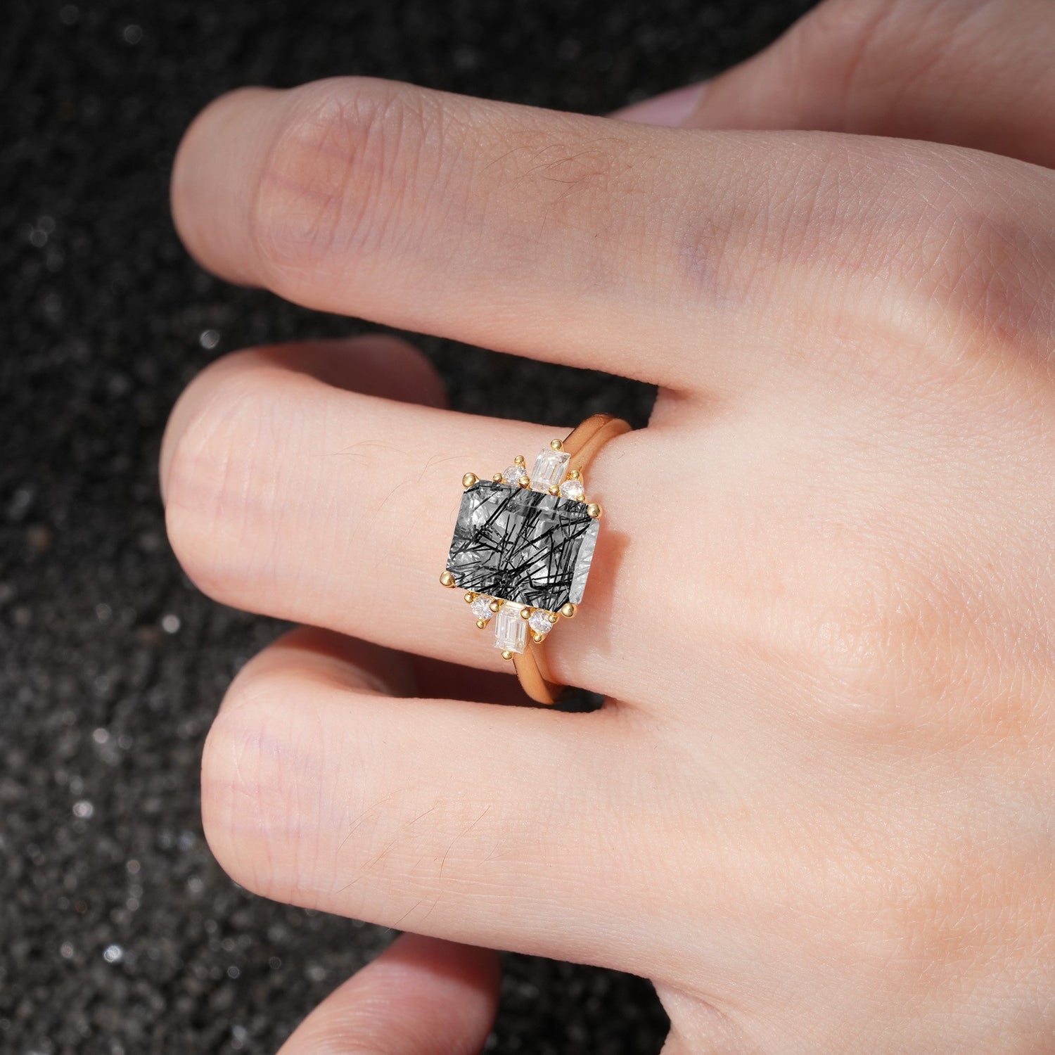 Classic Emerald Cut Baguette Side Cluster Black Rutilated Quartz Engagement Ring