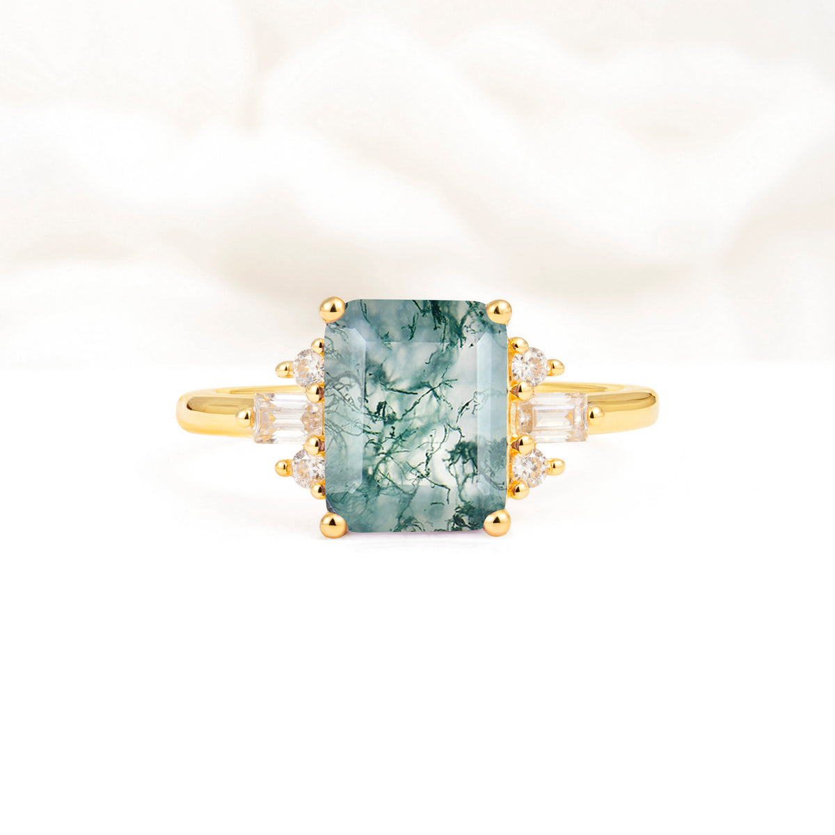 Classic Emerald Cut Baguette Side Cluster Moss Agate Engagement Ring - Additional view