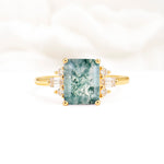 Classic Emerald Cut Baguette Side Cluster Moss Agate Engagement Ring - Additional view