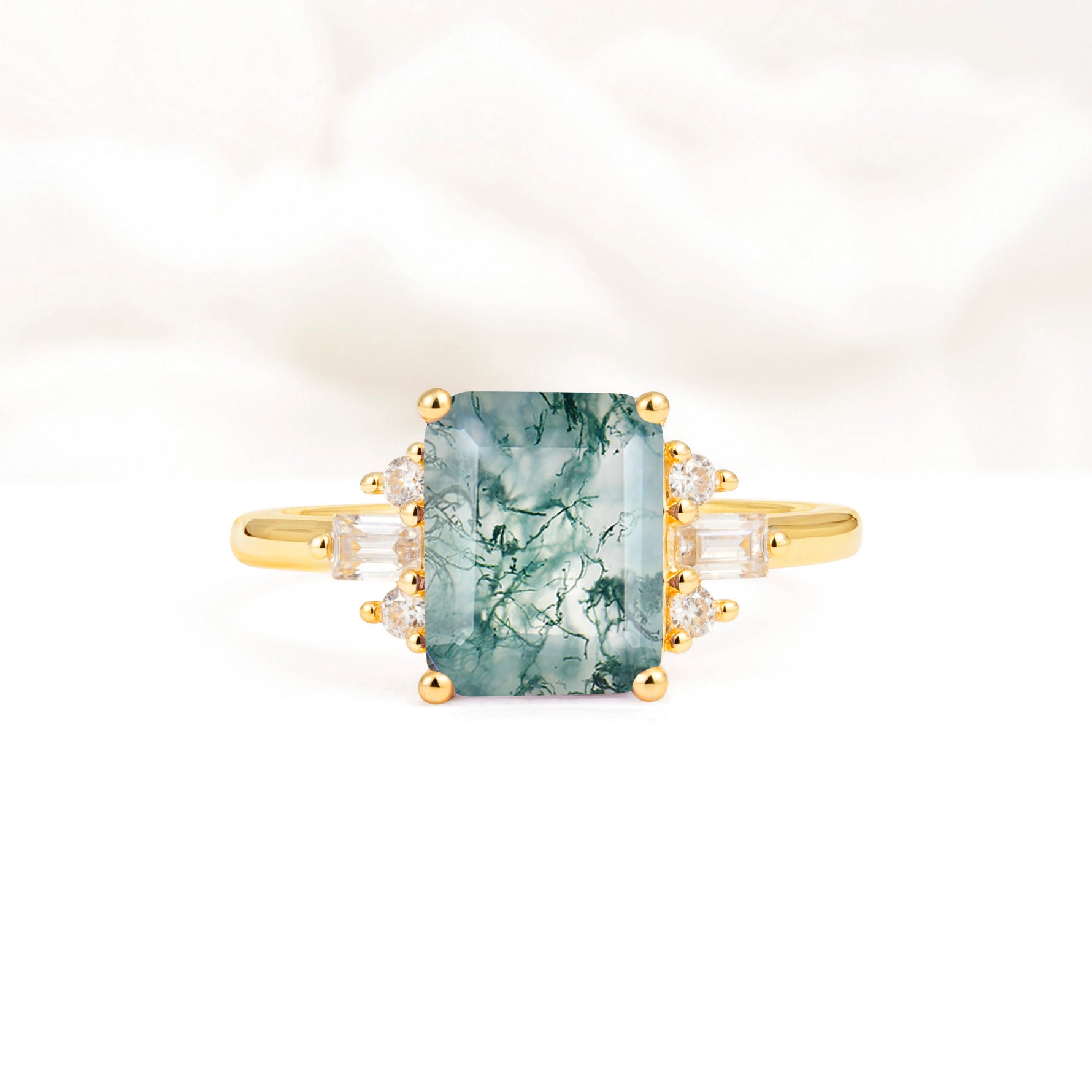 Classic Emerald Cut Baguette Side Cluster Moss Agate Engagement Ring - Additional view