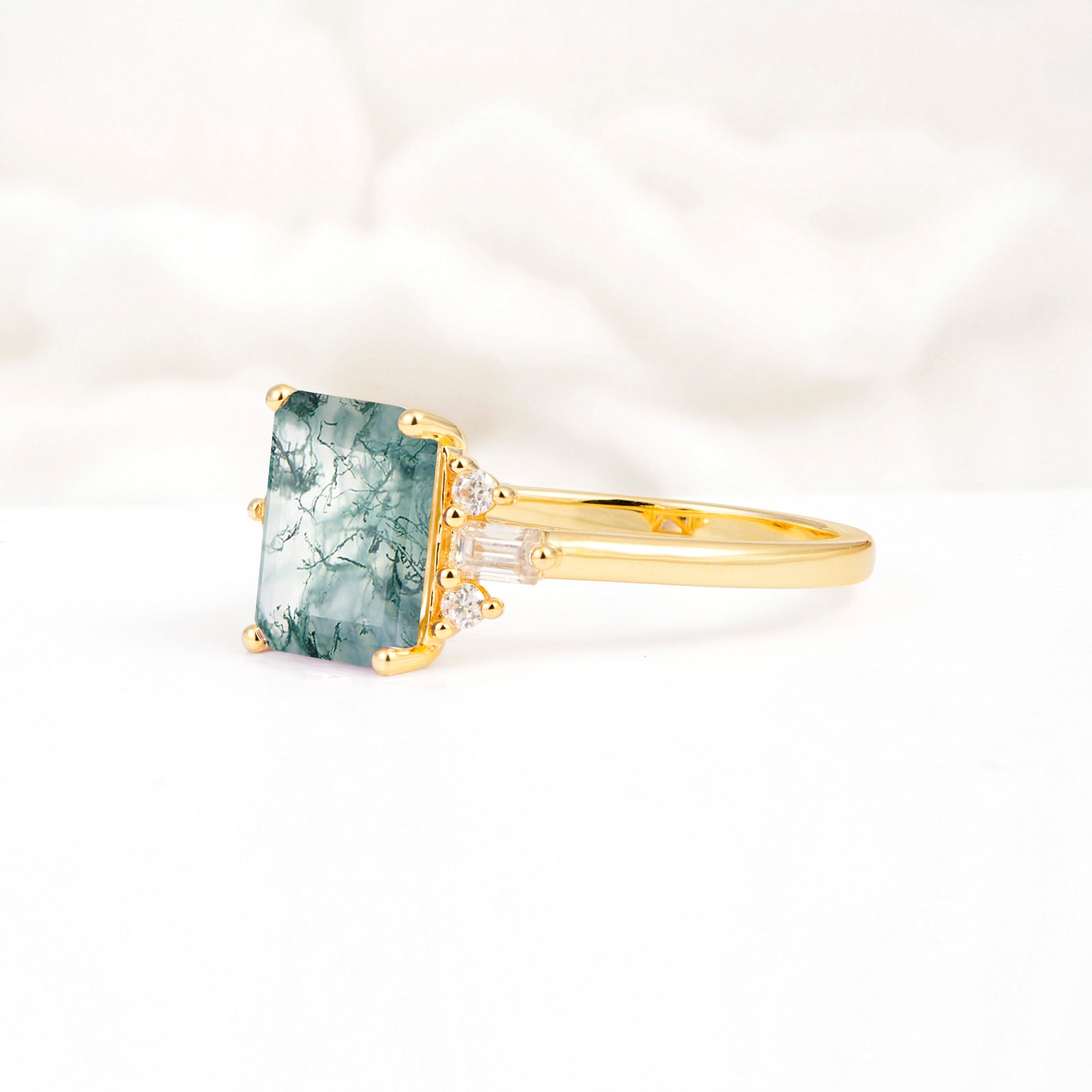 Classic Emerald Cut Baguette Side Cluster Moss Agate Engagement Ring - Additional view
