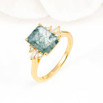 Classic Emerald Cut Baguette Side Cluster Moss Agate Engagement Ring - Additional view