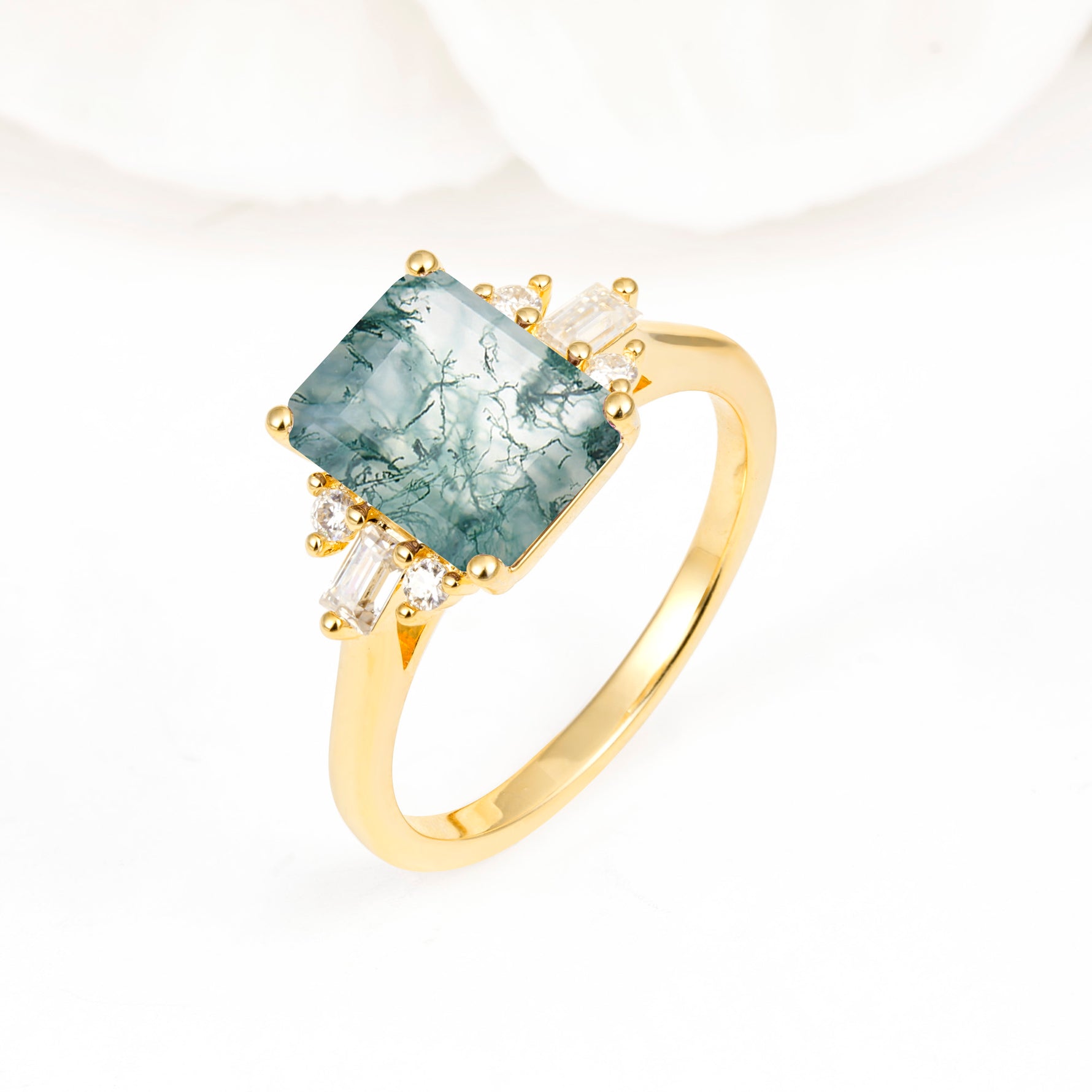 Classic Emerald Cut Baguette Side Cluster Moss Agate Engagement Ring - Additional view
