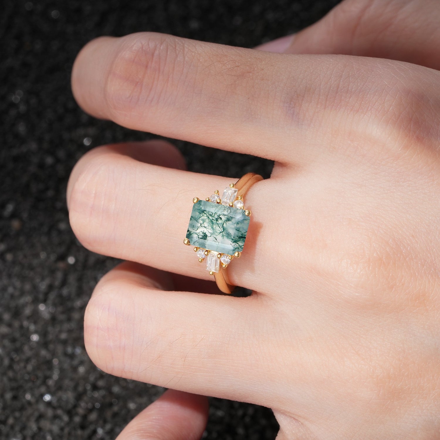 Classic Emerald Cut Baguette Side Cluster Moss Agate Engagement Ring