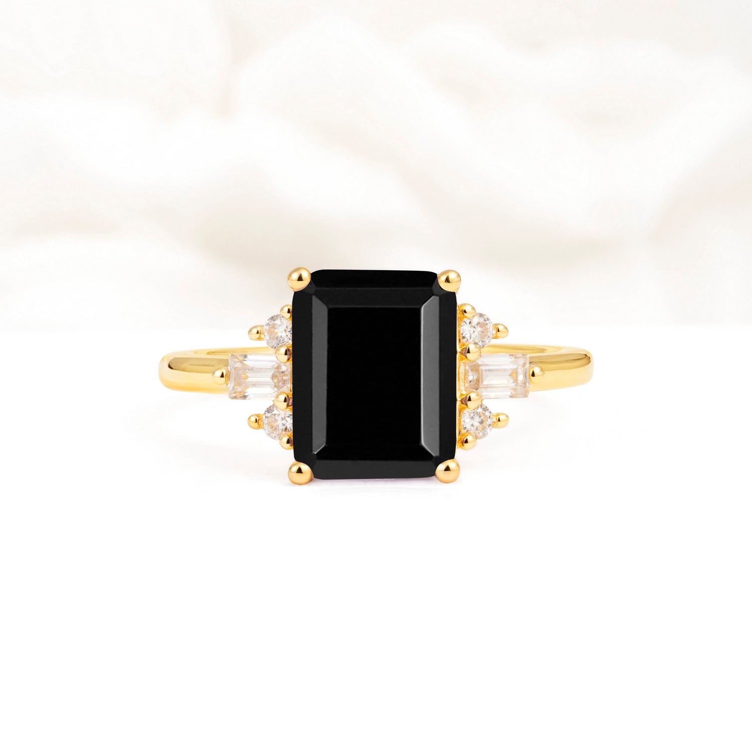 Classic Emerald Cut Baguette Side Cluster Black Onyx Engagement Ring - Additional view