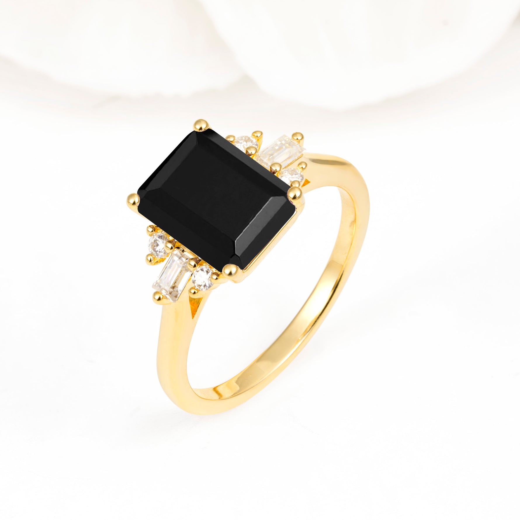 Classic Emerald Cut Baguette Side Cluster Black Onyx Engagement Ring - Additional view
