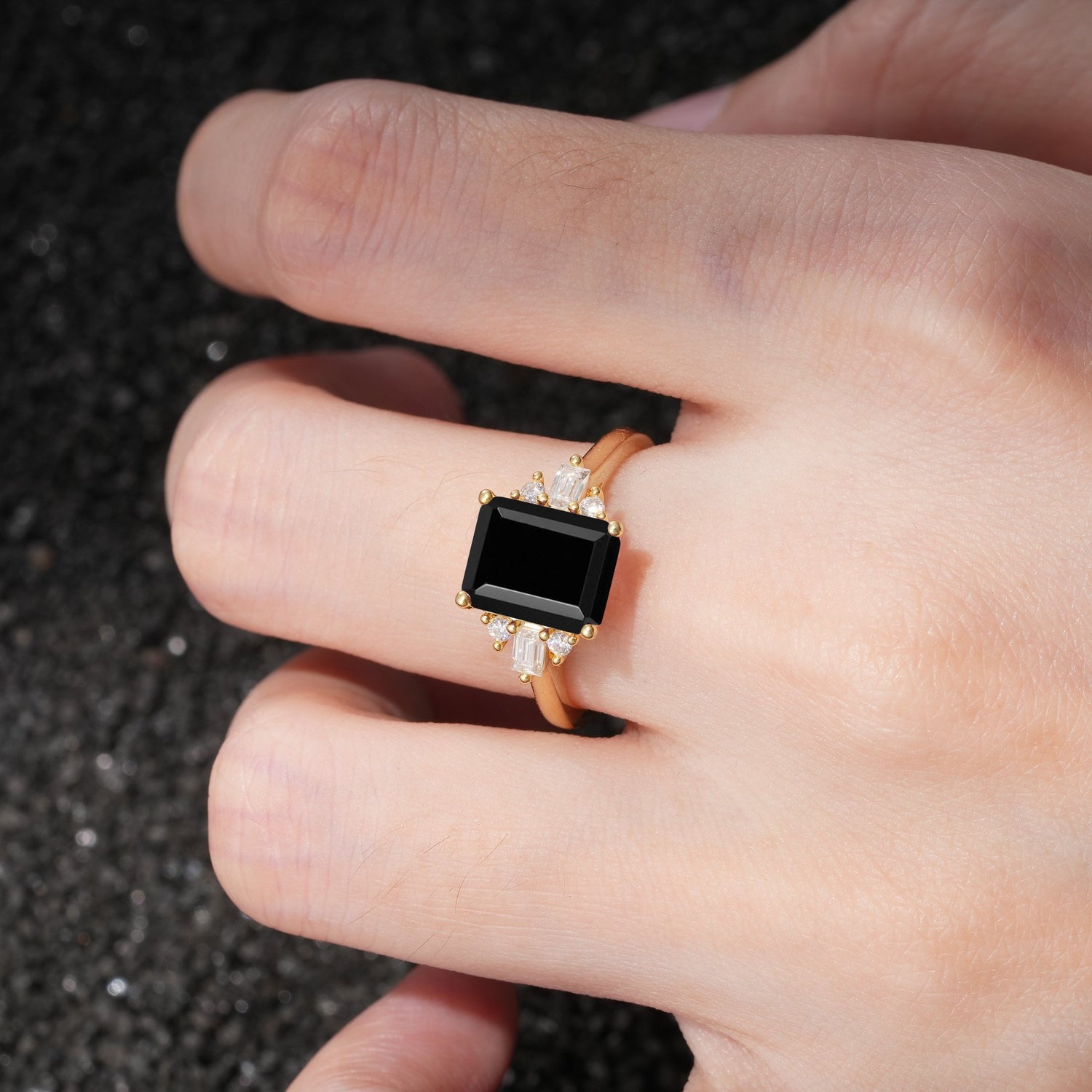 Classic Emerald Cut Baguette Side Cluster Black Onyx Engagement Ring