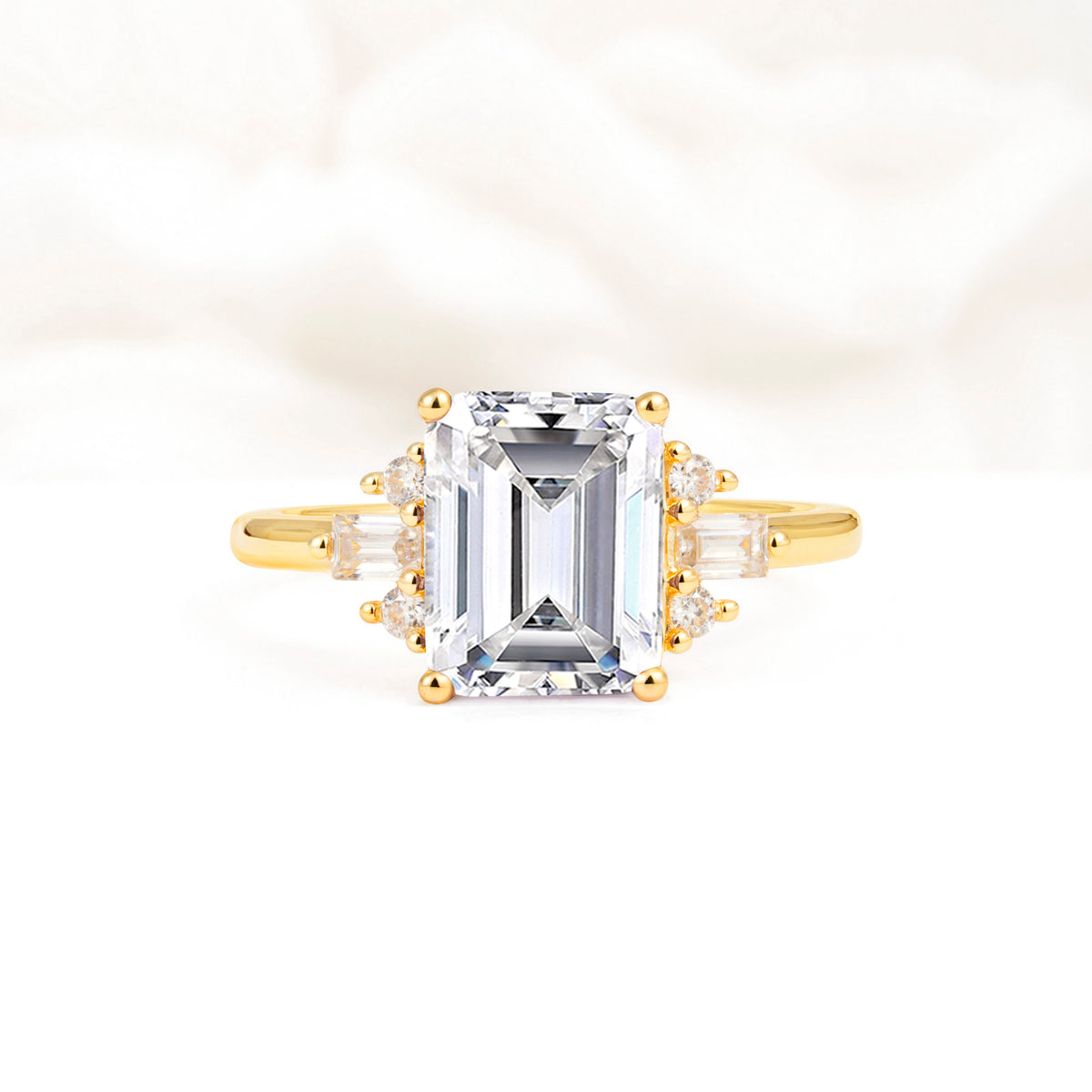 Classic Emerald Cut Baguette Side Cluster Lab Diamond Engagement Ring - Additional view