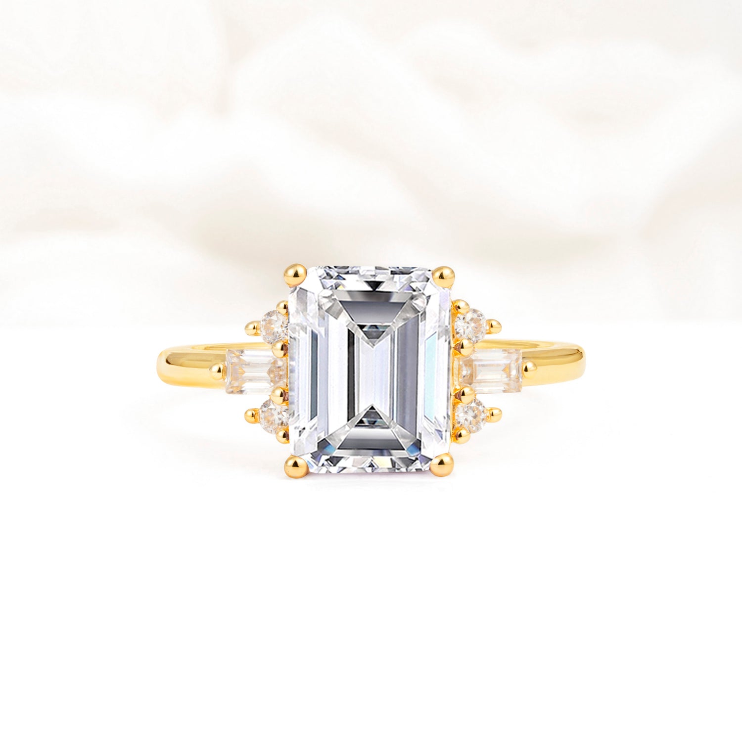 Classic Emerald Cut Baguette Side Cluster Lab Diamond Engagement Ring - Additional view