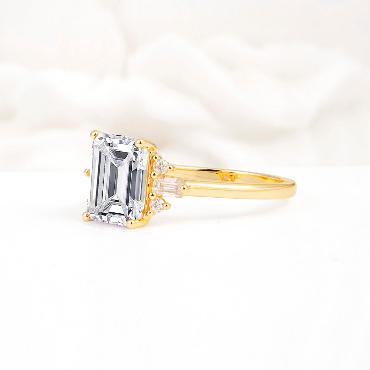 Classic Emerald Cut Baguette Side Cluster Lab Diamond Engagement Ring - Additional view