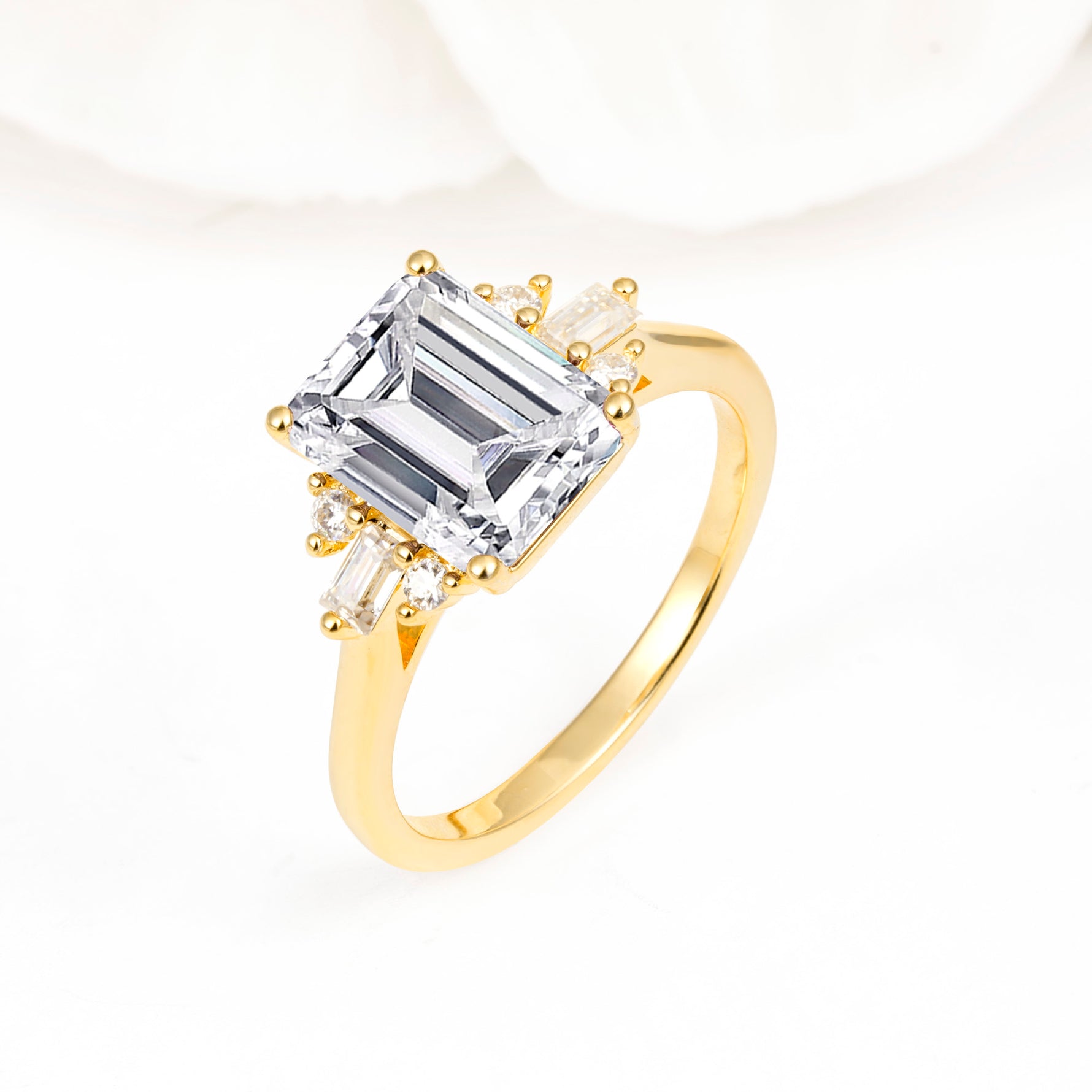 Classic Emerald Cut Baguette Side Cluster Lab Diamond Engagement Ring - Additional view