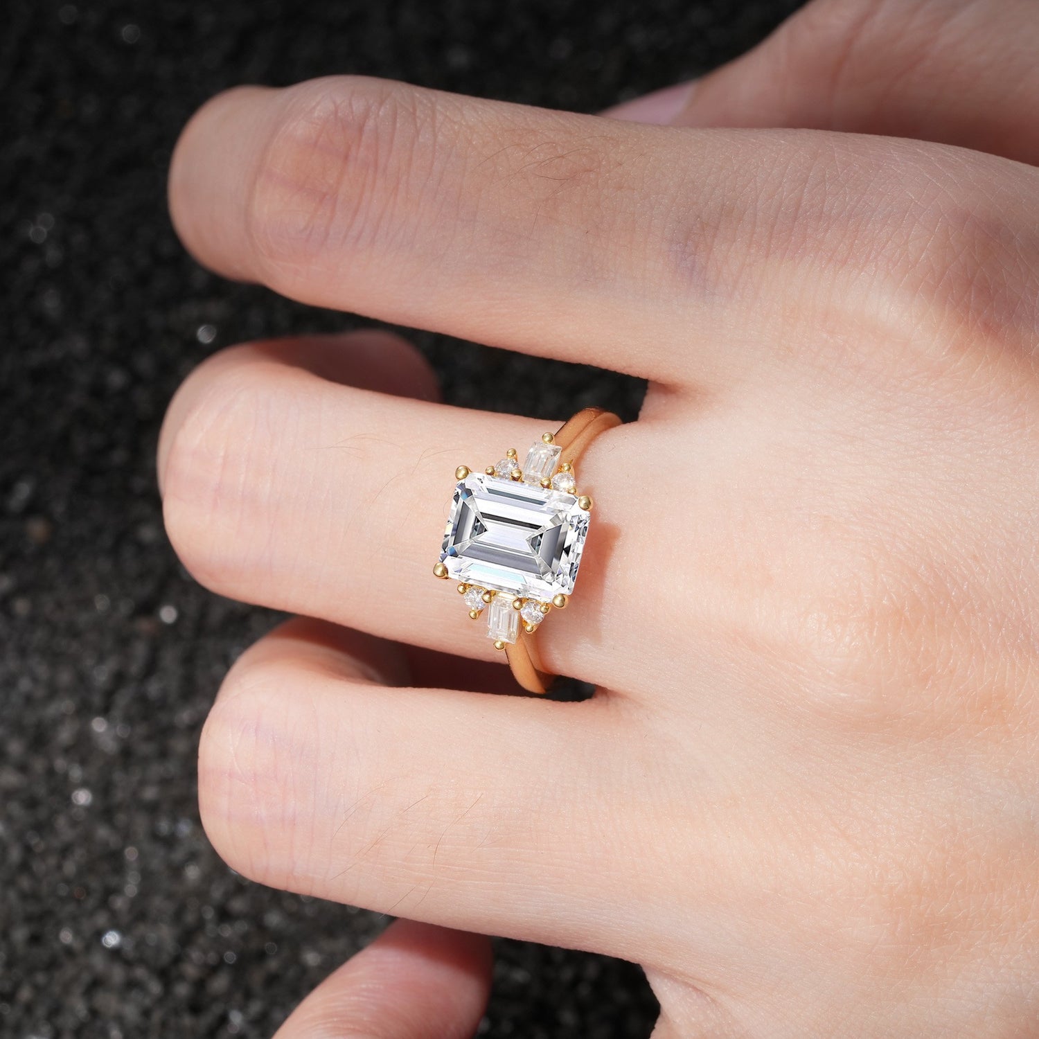 Classic Emerald Cut Baguette Side Cluster Lab Diamond Engagement Ring