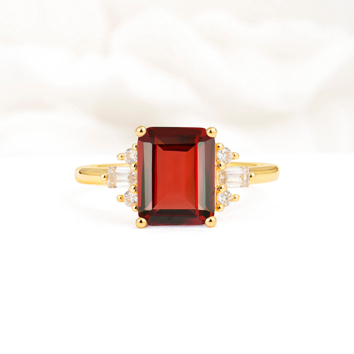 Classic Emerald Cut Baguette Side Cluster Garnet Engagement Ring - Additional view