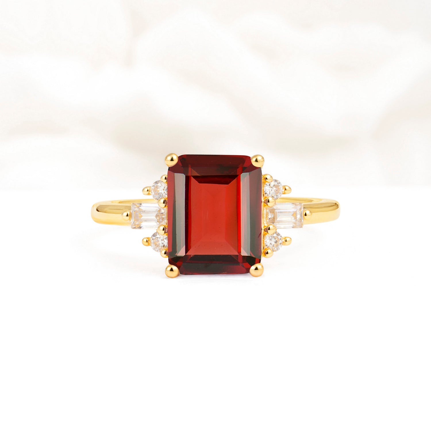 Classic Emerald Cut Baguette Side Cluster Garnet Engagement Ring - Additional view