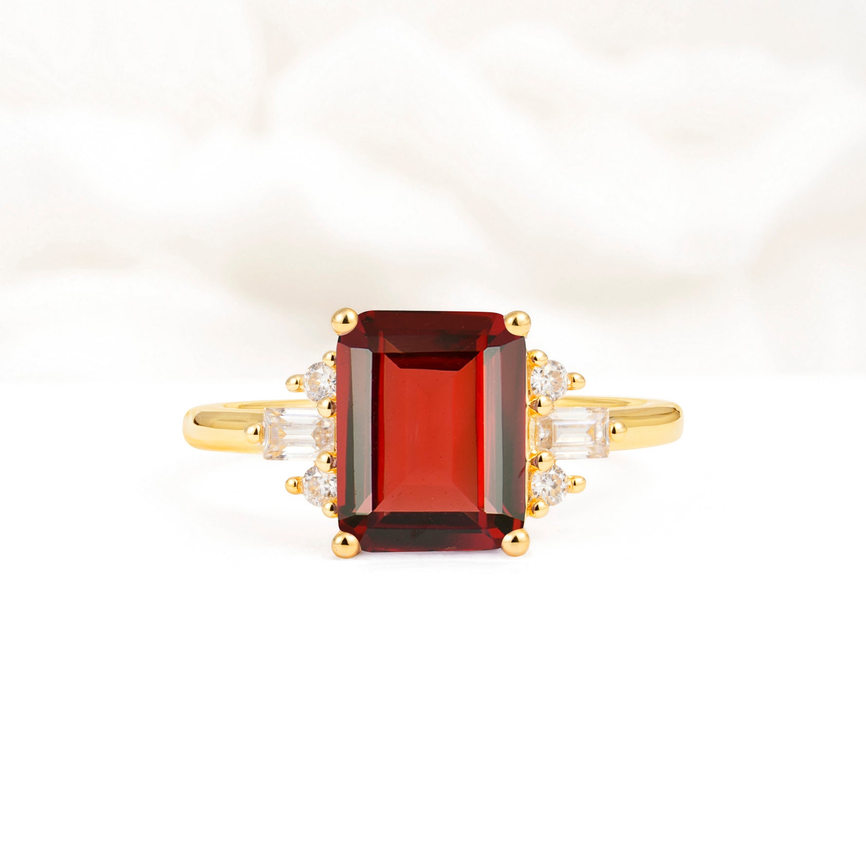 Classic Emerald Cut Baguette Side Cluster Garnet Engagement Ring - Additional view